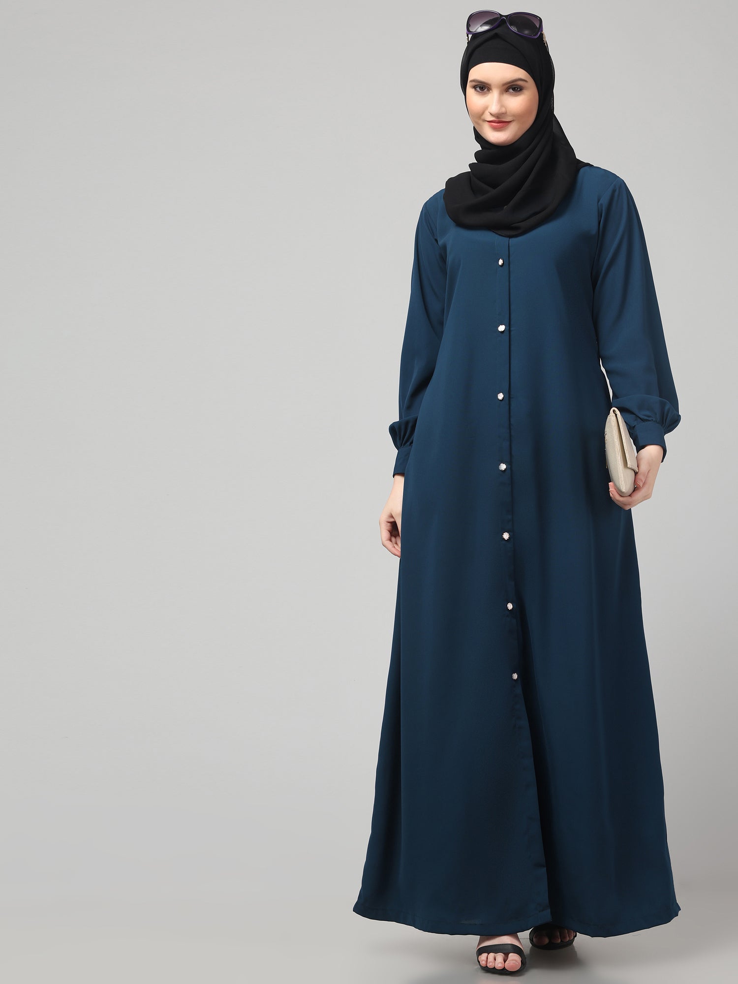 Teal Front-Open Abaya Burqa with Button Detailing