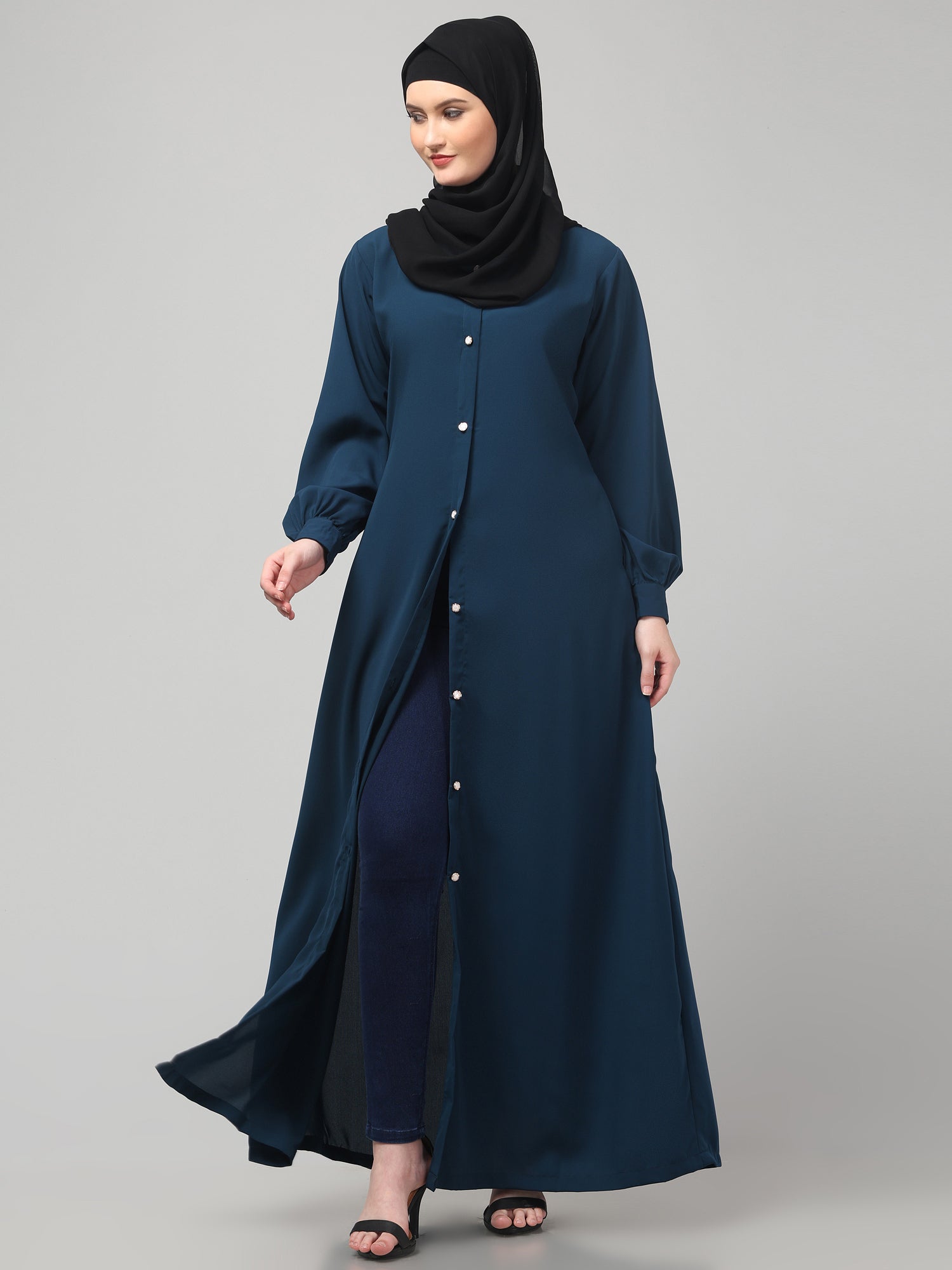 Teal Front-Open Abaya Burqa with Button Detailing