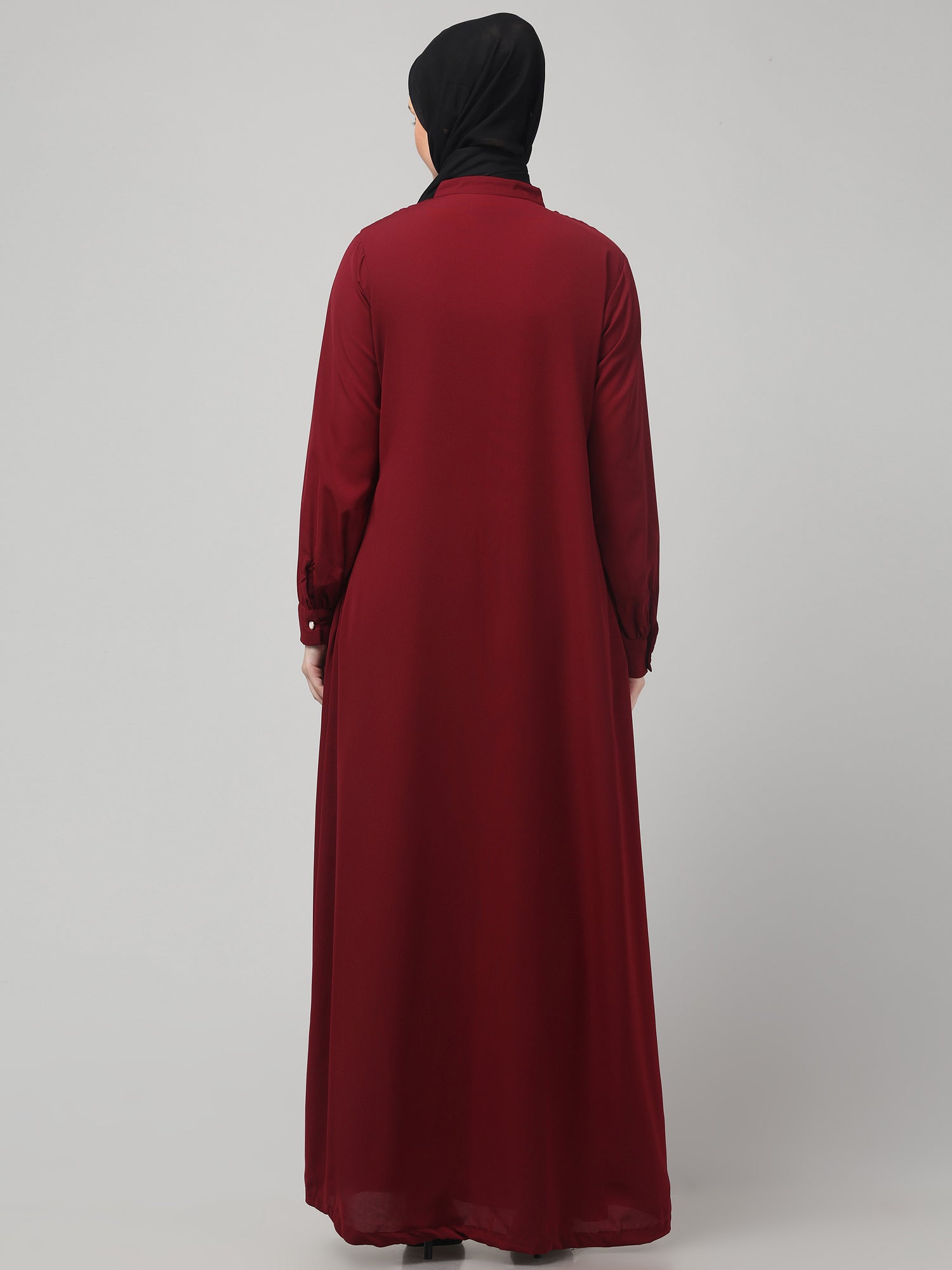 Maroon Front-Open Abaya Burqa with Button Detailing