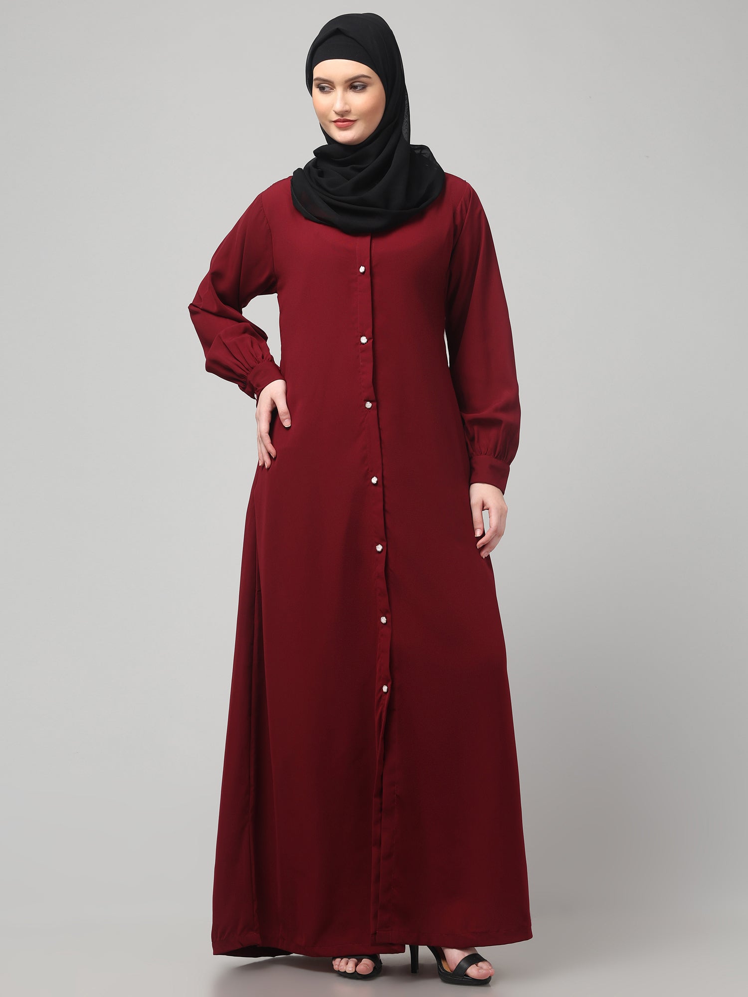 Maroon Front-Open Abaya Burqa with Button Detailing