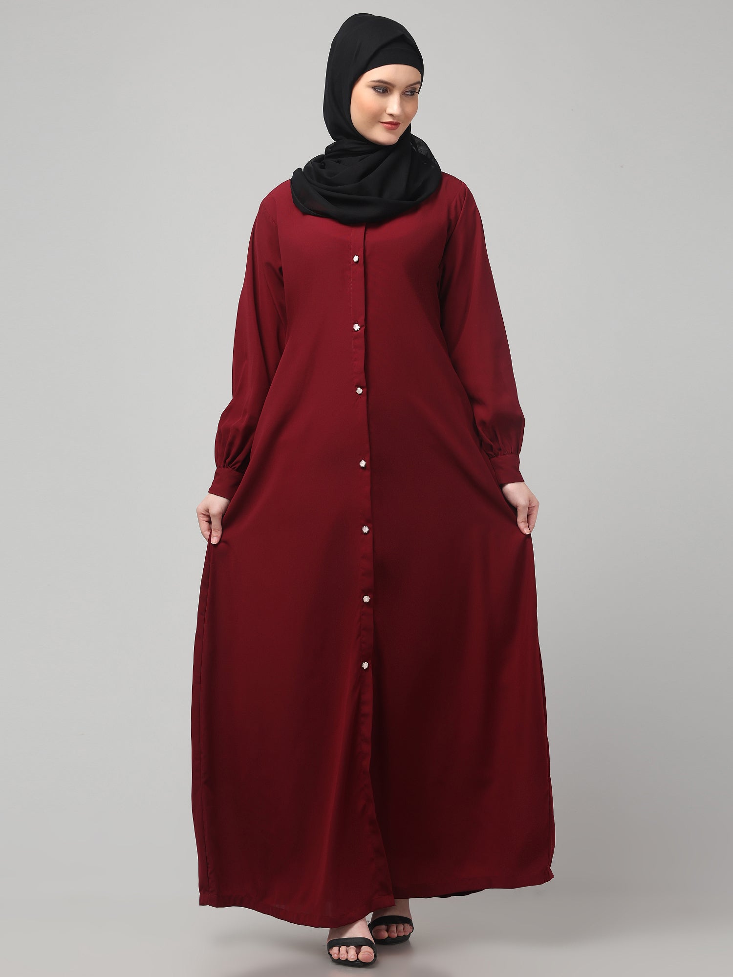 Maroon Front-Open Abaya Burqa with Button Detailing