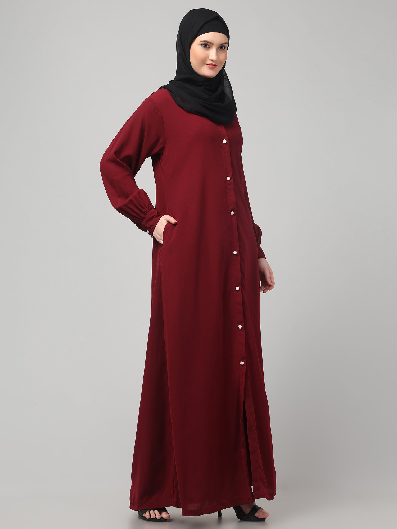 Maroon Front-Open Abaya Burqa with Button Detailing
