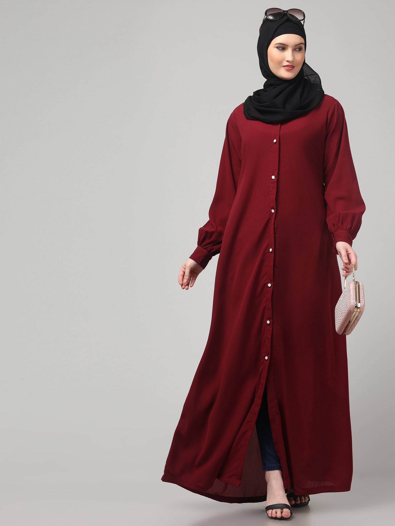 Maroon Front-Open Abaya Burqa with Button Detailing