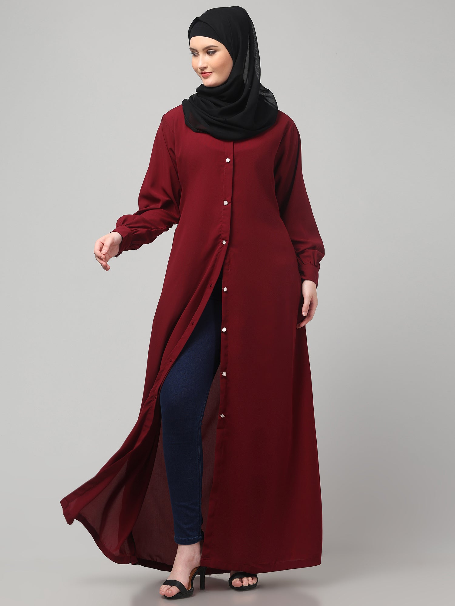 Maroon Front-Open Abaya Burqa with Button Detailing