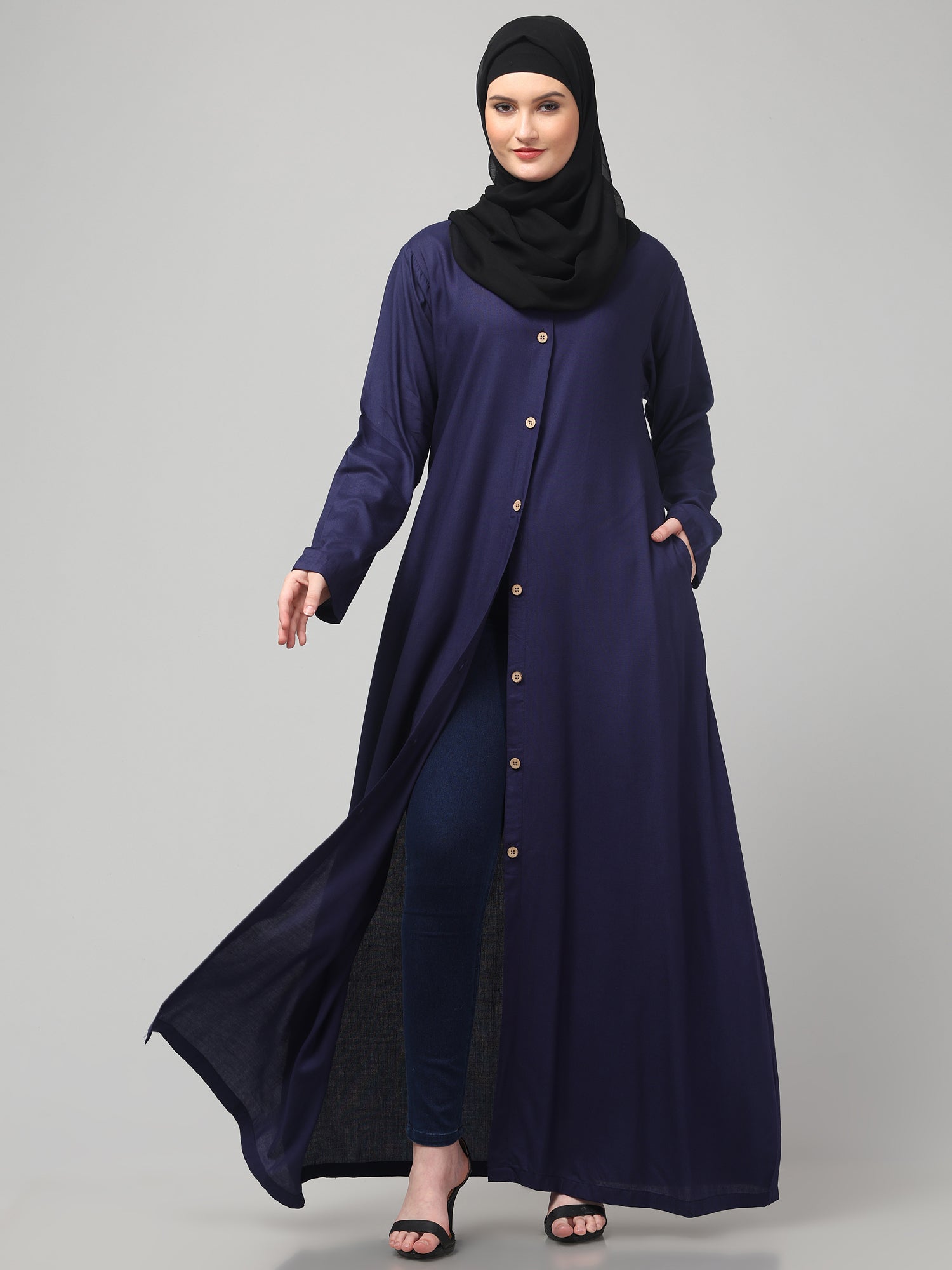 Blue Front-Open Rayon Women Abaya Burqa