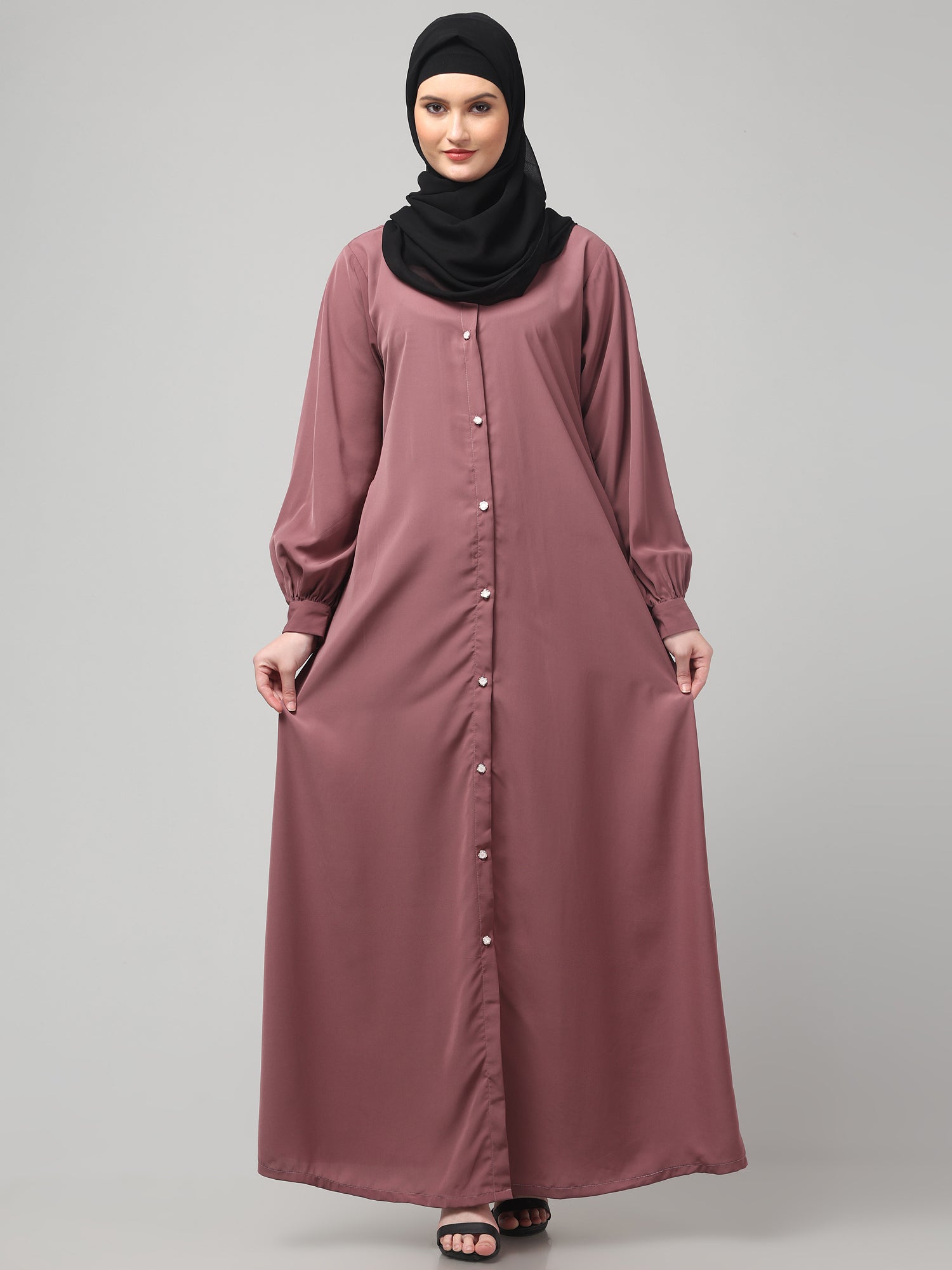 Front-Open Puce Pink Abaya Burqa with Button Detailing