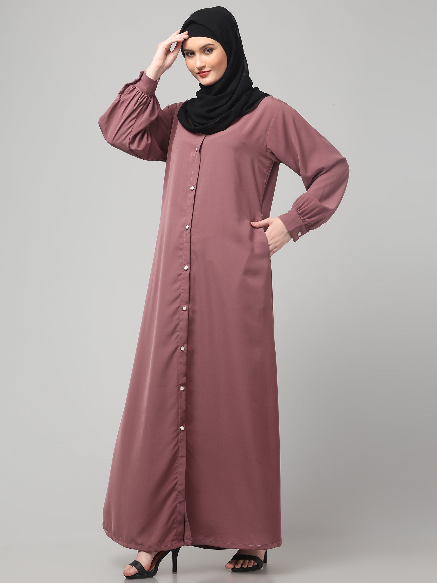 Front-Open Puce Pink Abaya Burqa with Button Detailing