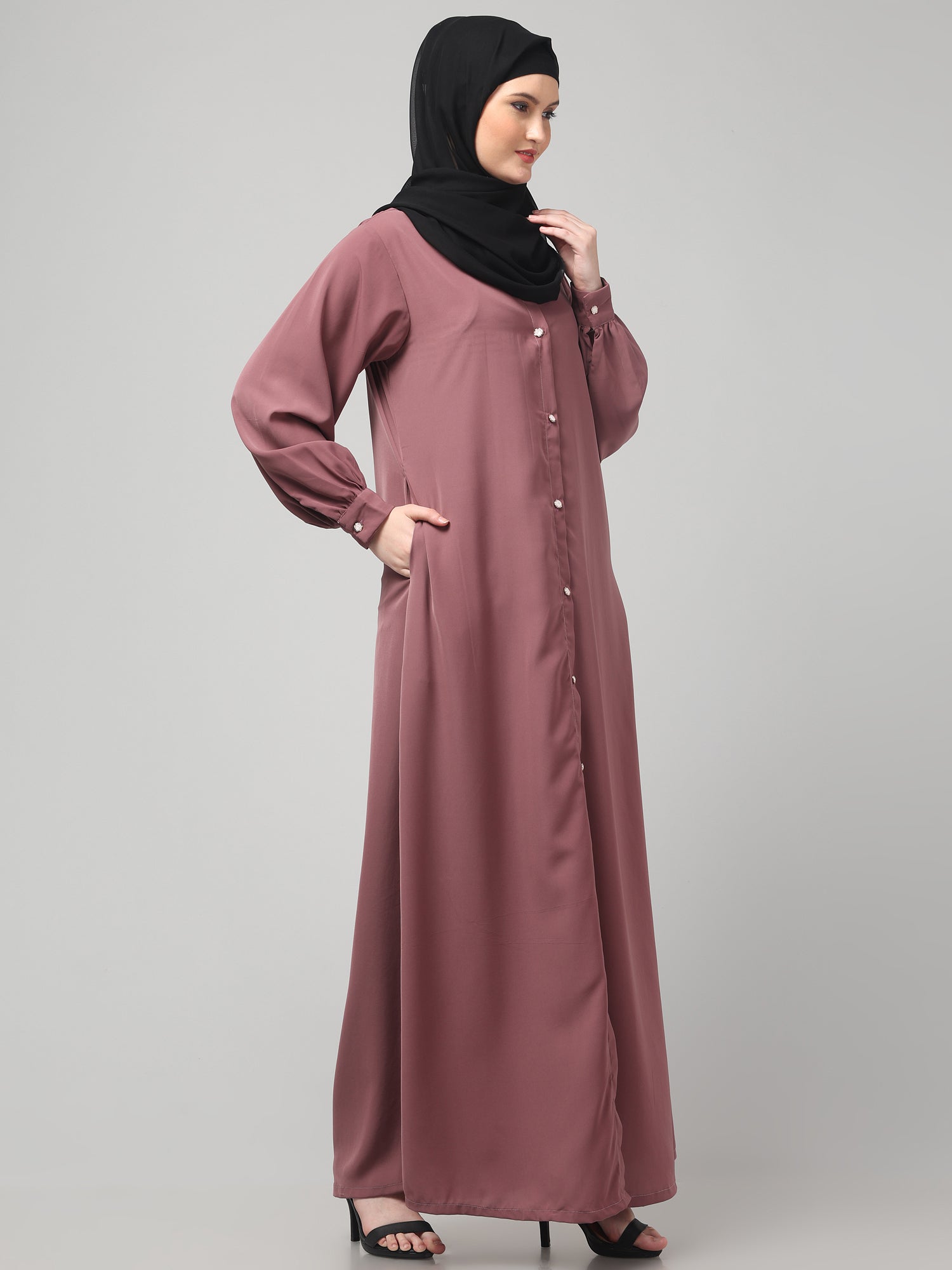 Front-Open Puce Pink Abaya Burqa with Button Detailing