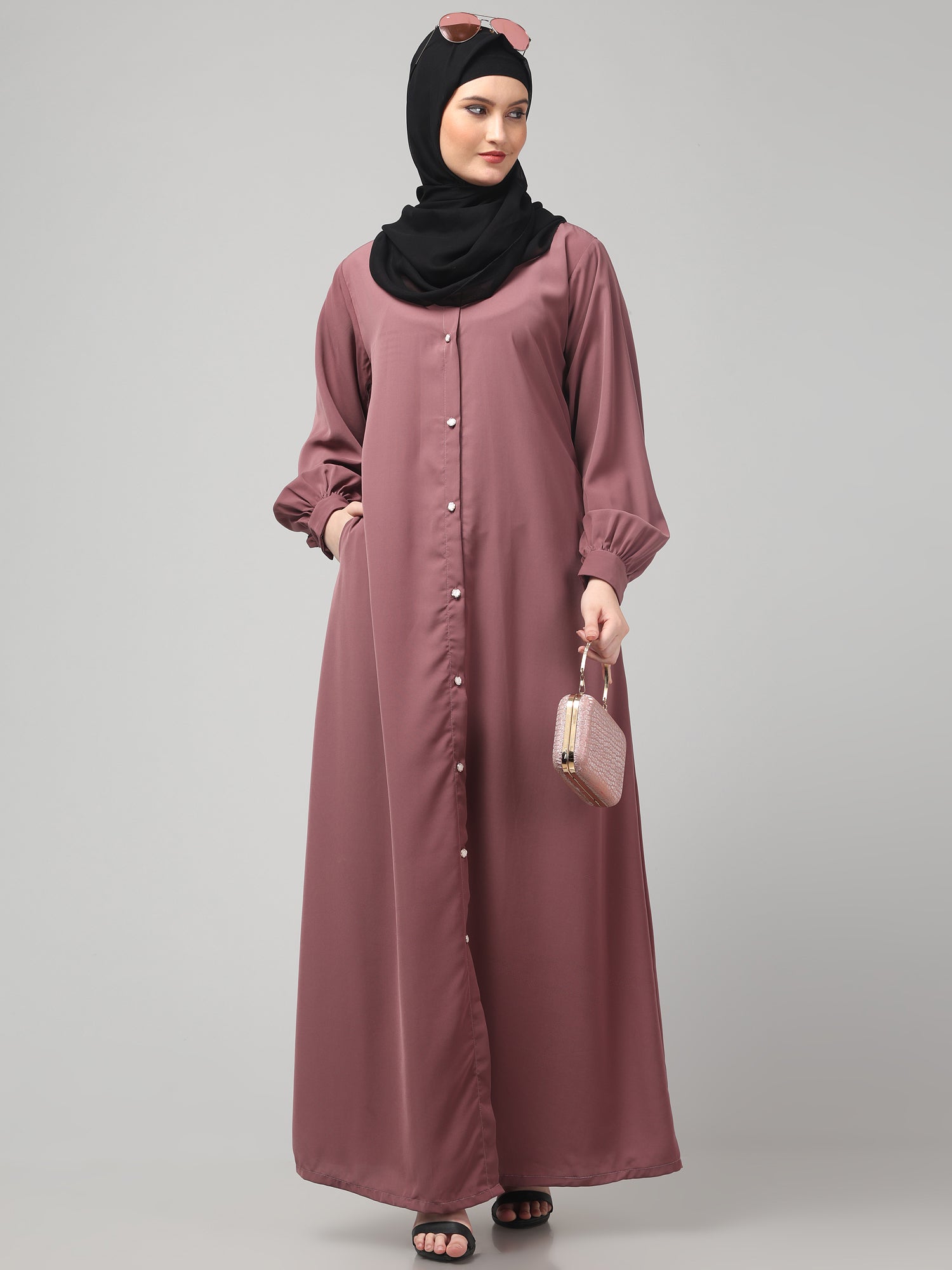Front-Open Puce Pink Abaya Burqa with Button Detailing