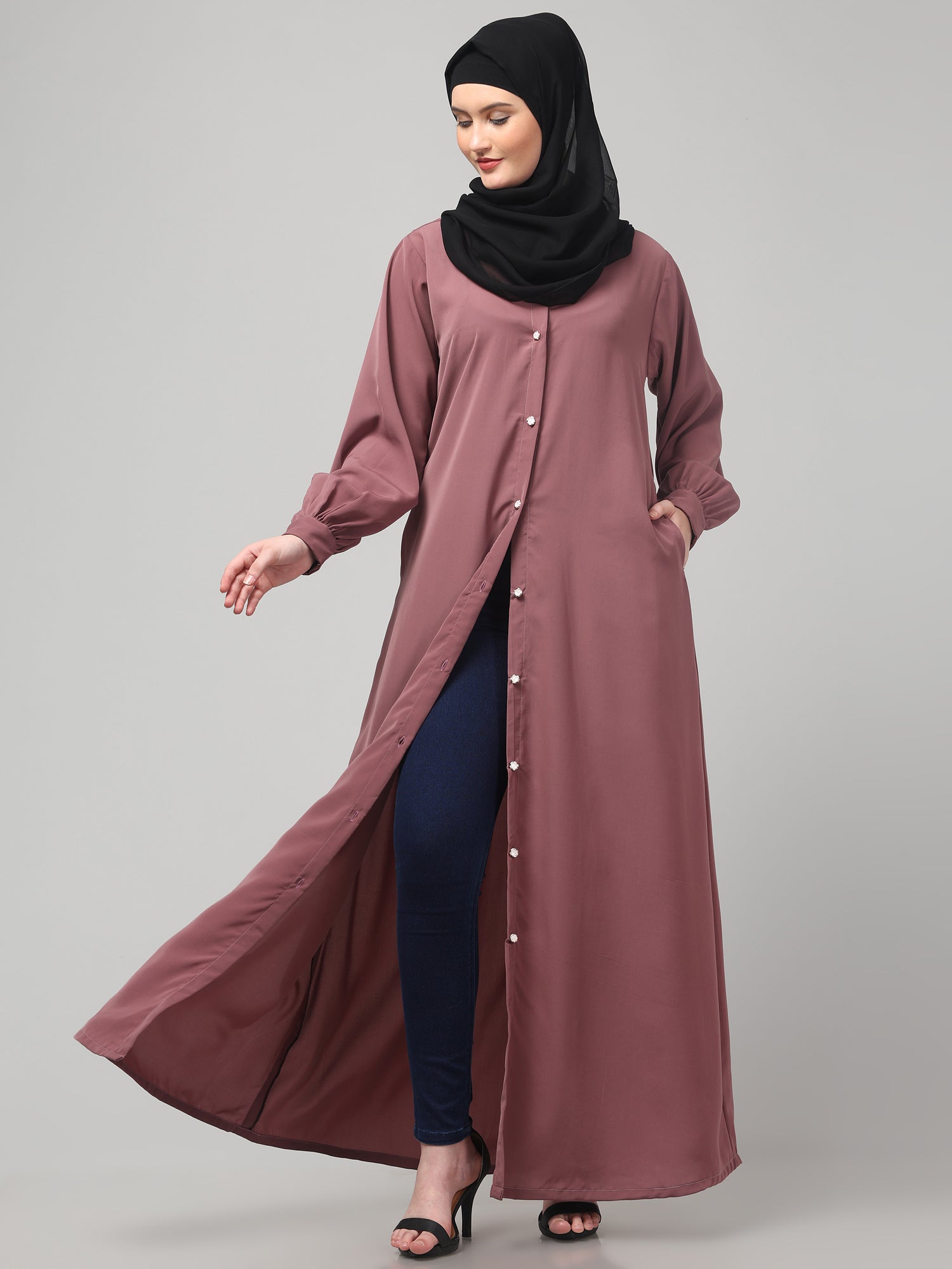 Front-Open Puce Pink Abaya Burqa with Button Detailing