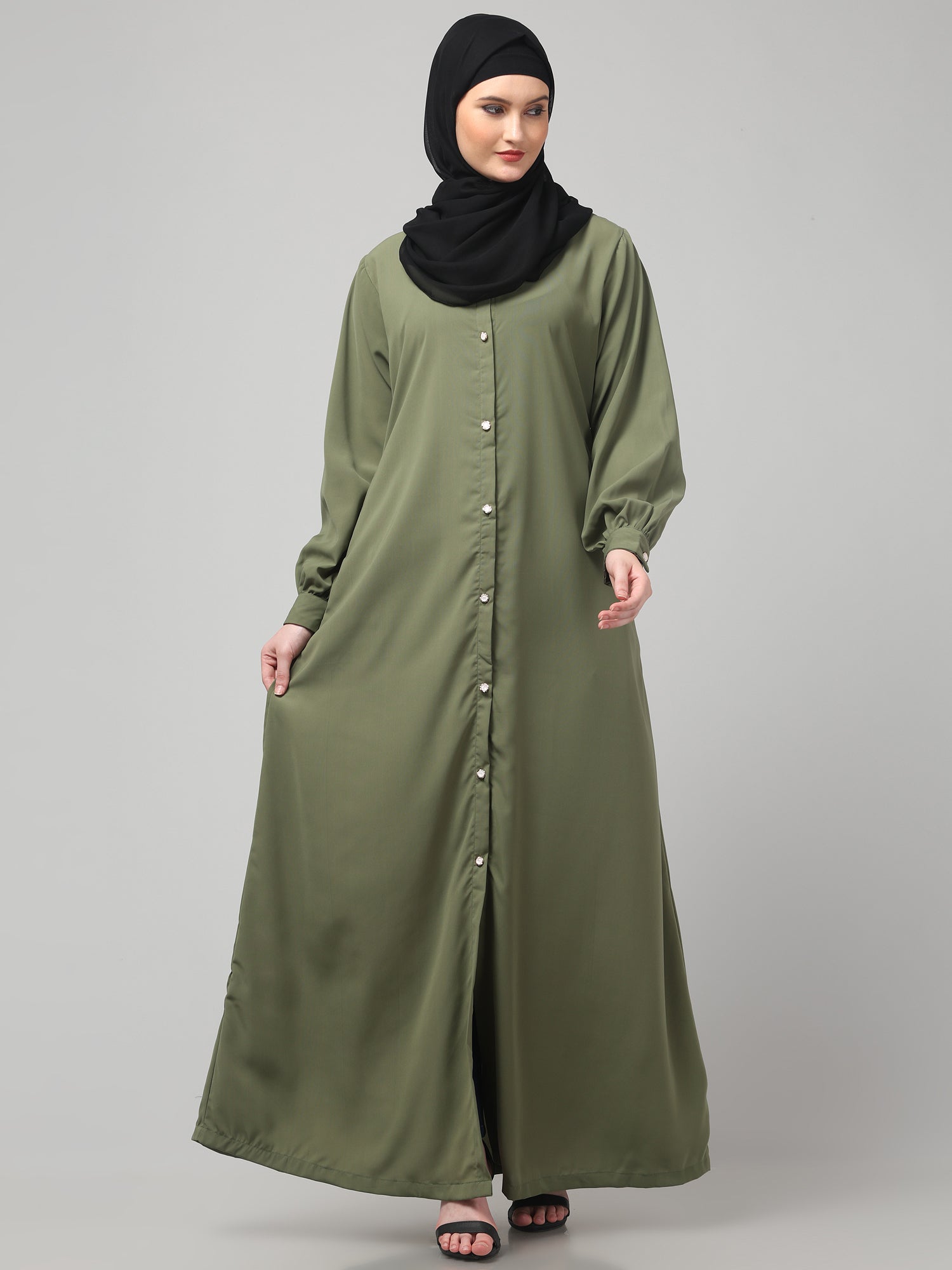 Front-Open Olive Grey Abaya Burqa with Button Detailing