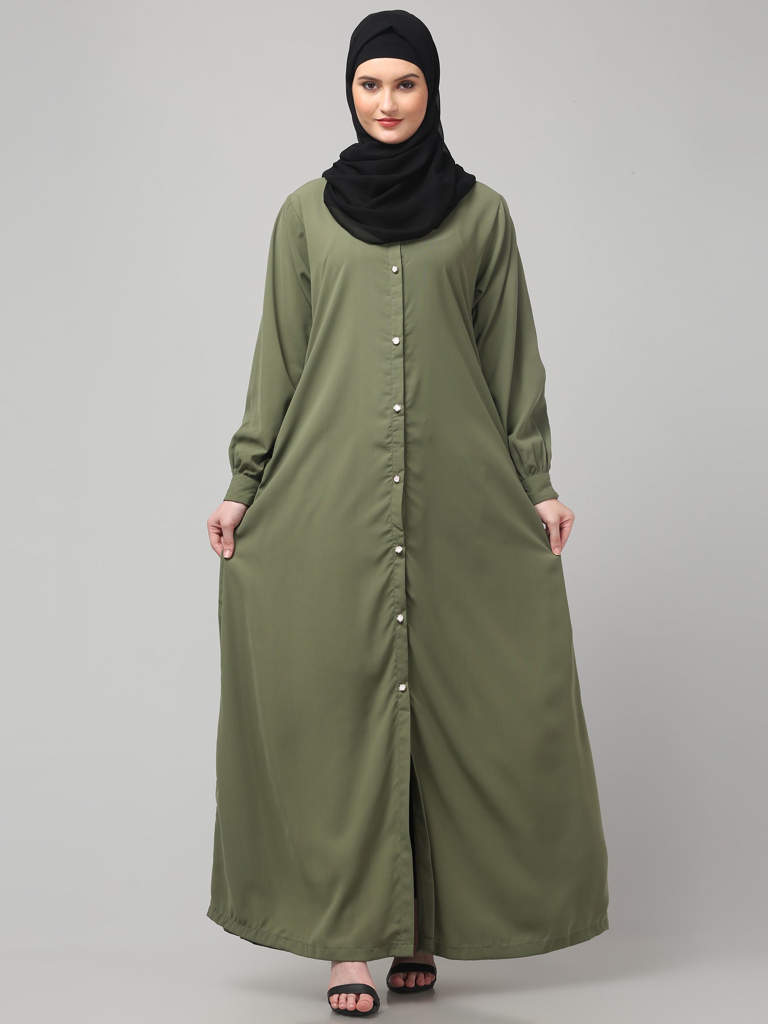 Front-Open Olive Grey Abaya Burqa with Button Detailing