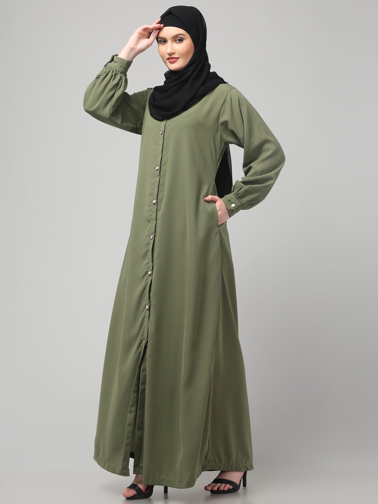 Front-Open Olive Grey Abaya Burqa with Button Detailing