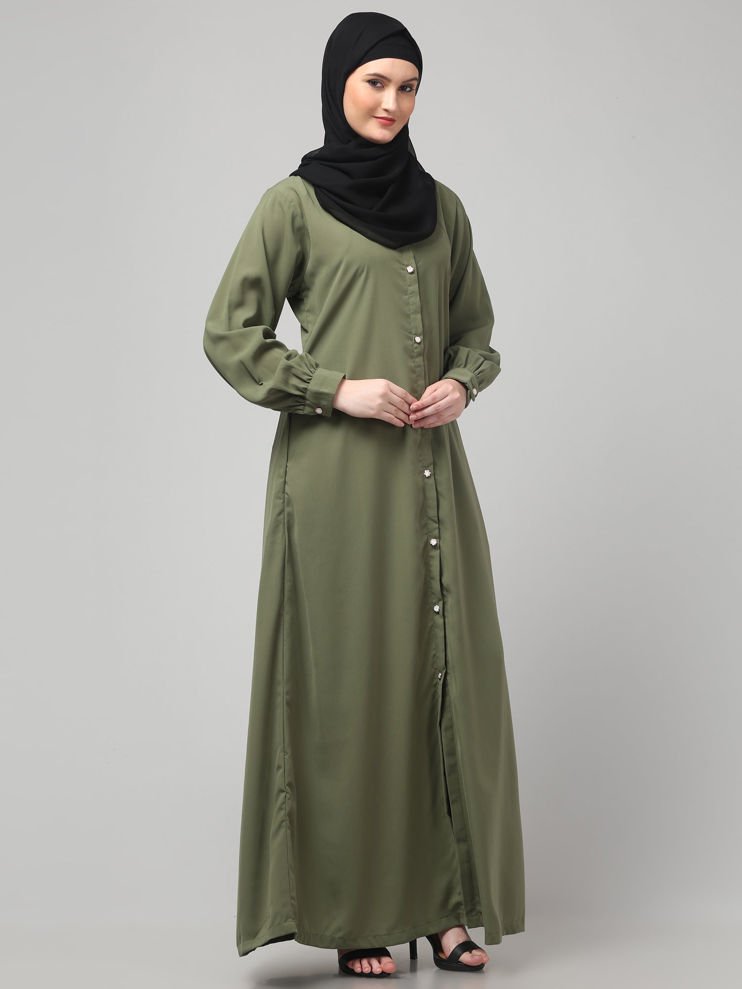 Front-Open Olive Grey Abaya Burqa with Button Detailing