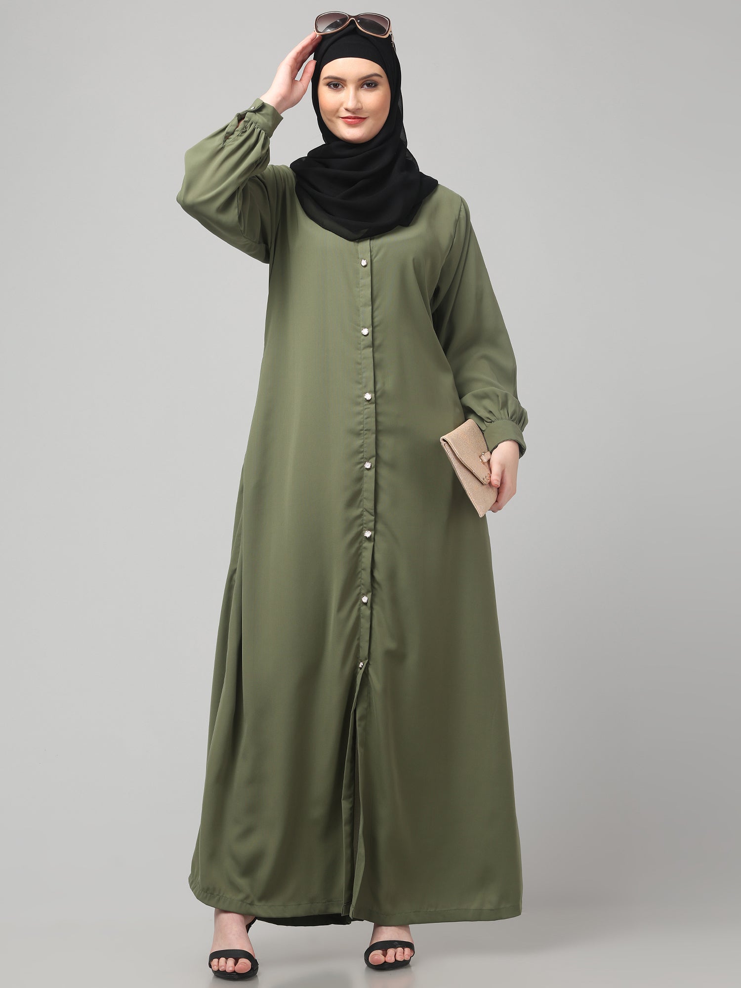 Front-Open Olive Grey Abaya Burqa with Button Detailing