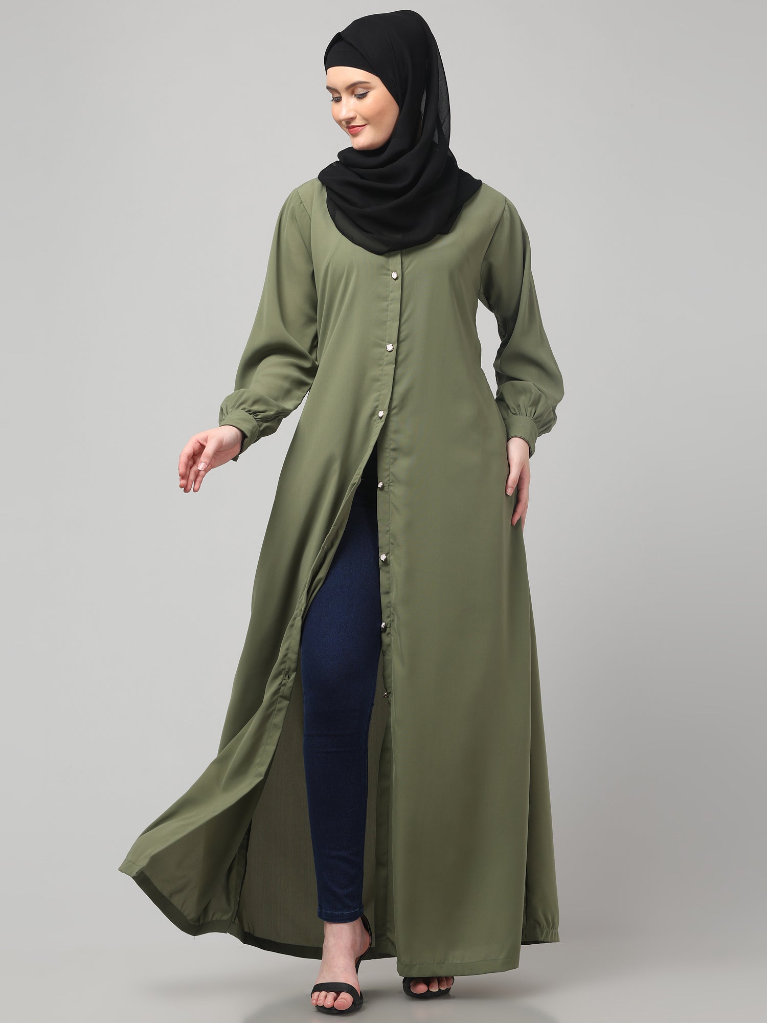 Front-Open Olive Grey Abaya Burqa with Button Detailing