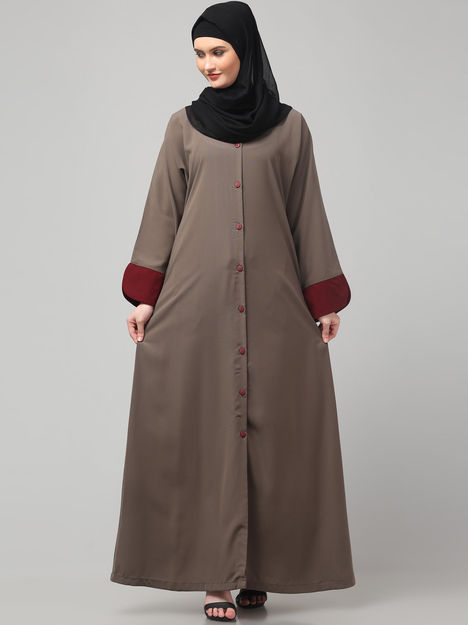 Front Open Oat Nida Matte Abaya with Maroon Piping