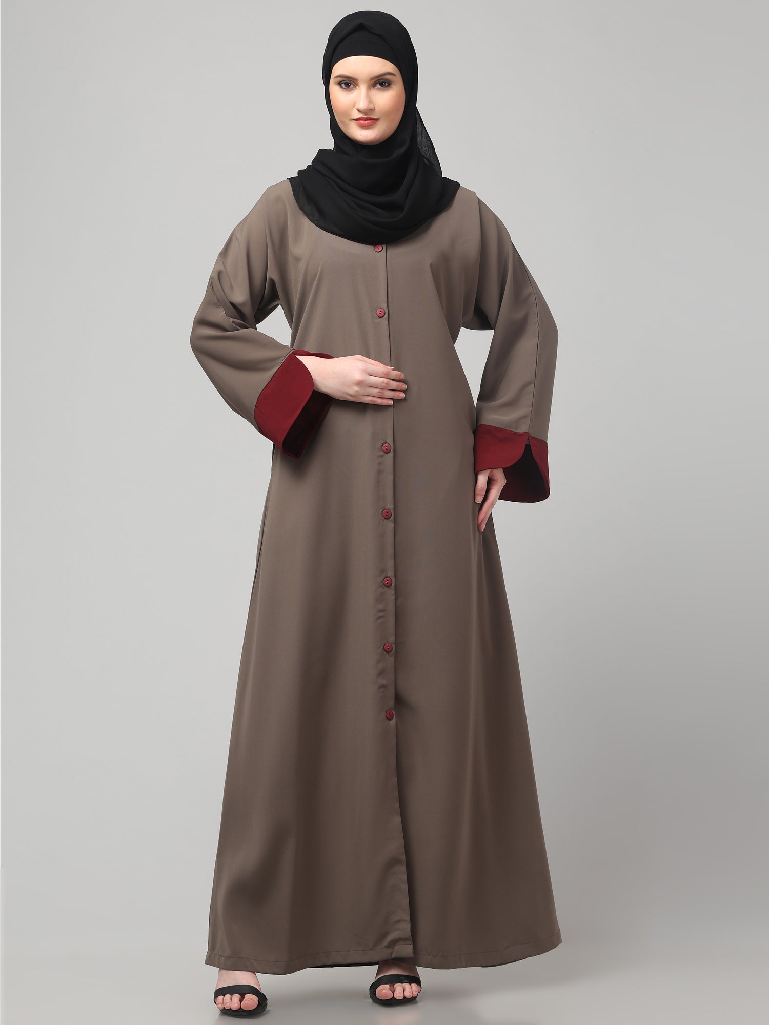 Front Open Oat Nida Matte Abaya with Maroon Piping