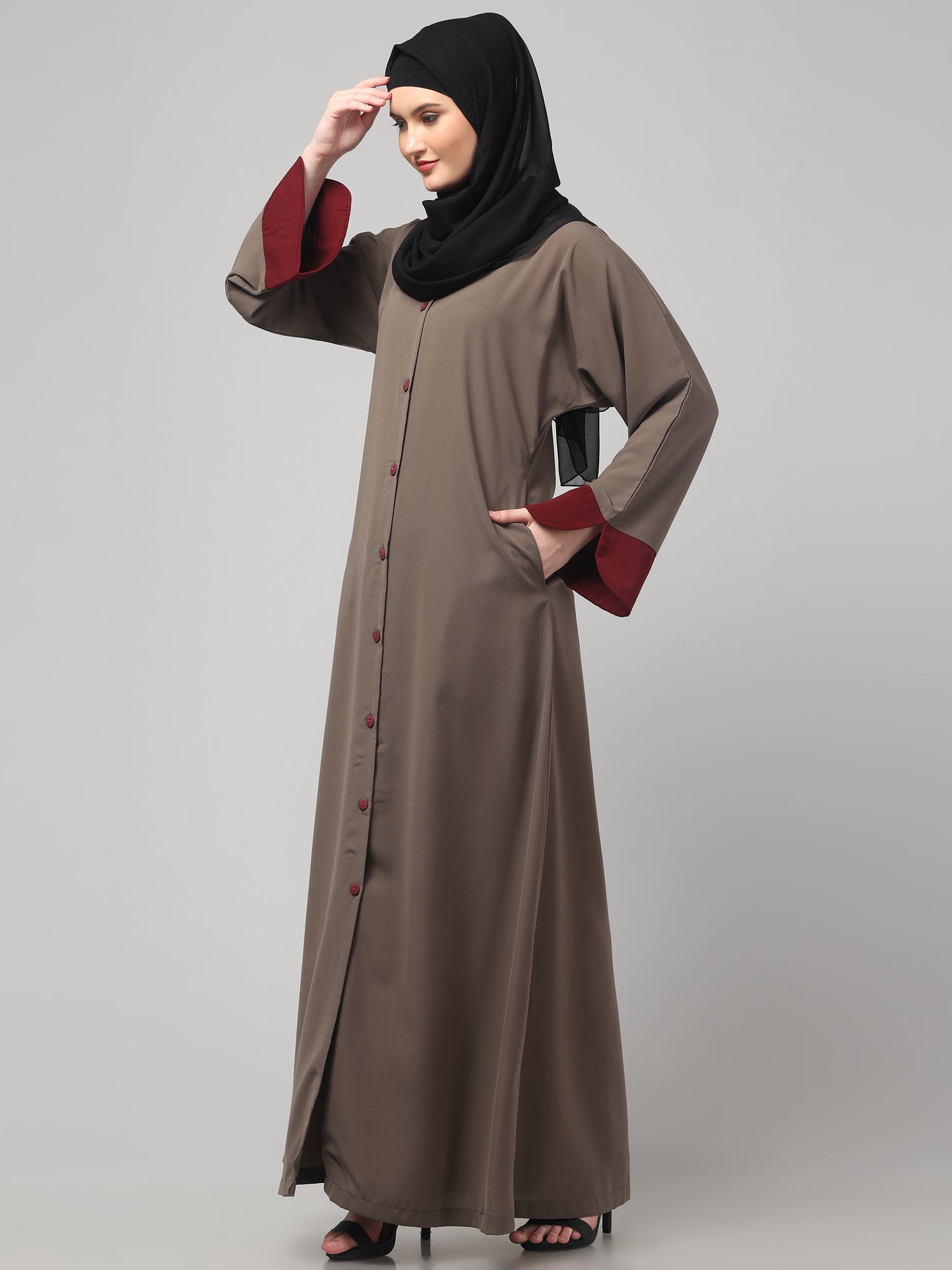 Front Open Oat Nida Matte Abaya with Maroon Piping