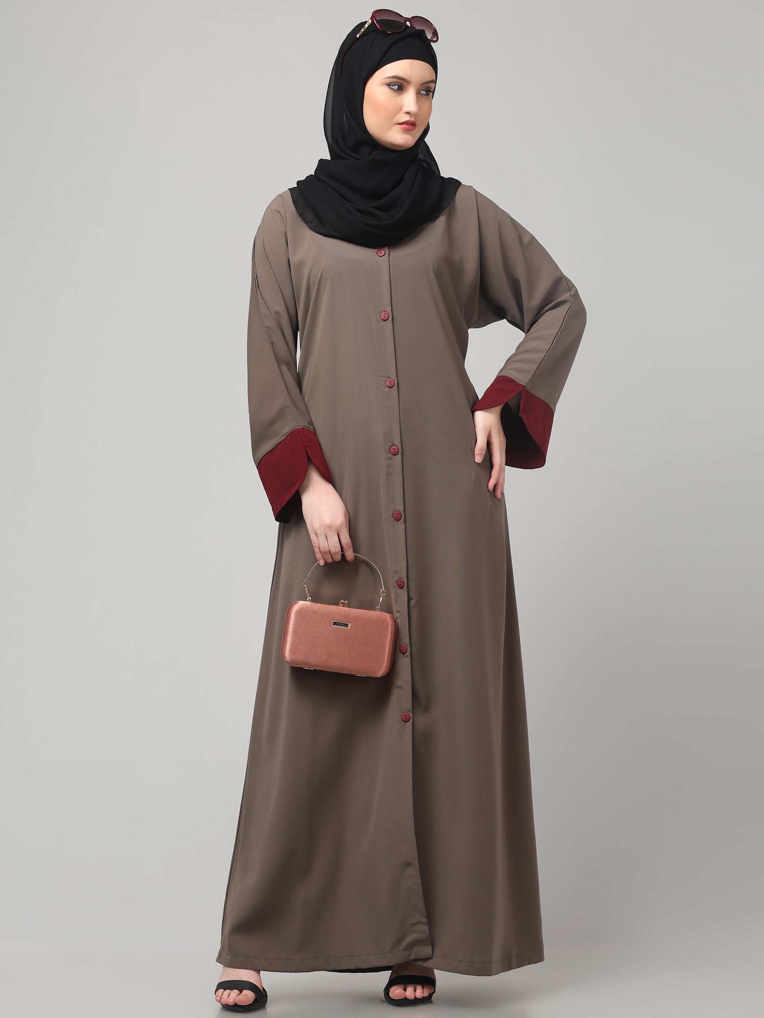 Front Open Oat Nida Matte Abaya with Maroon Piping
