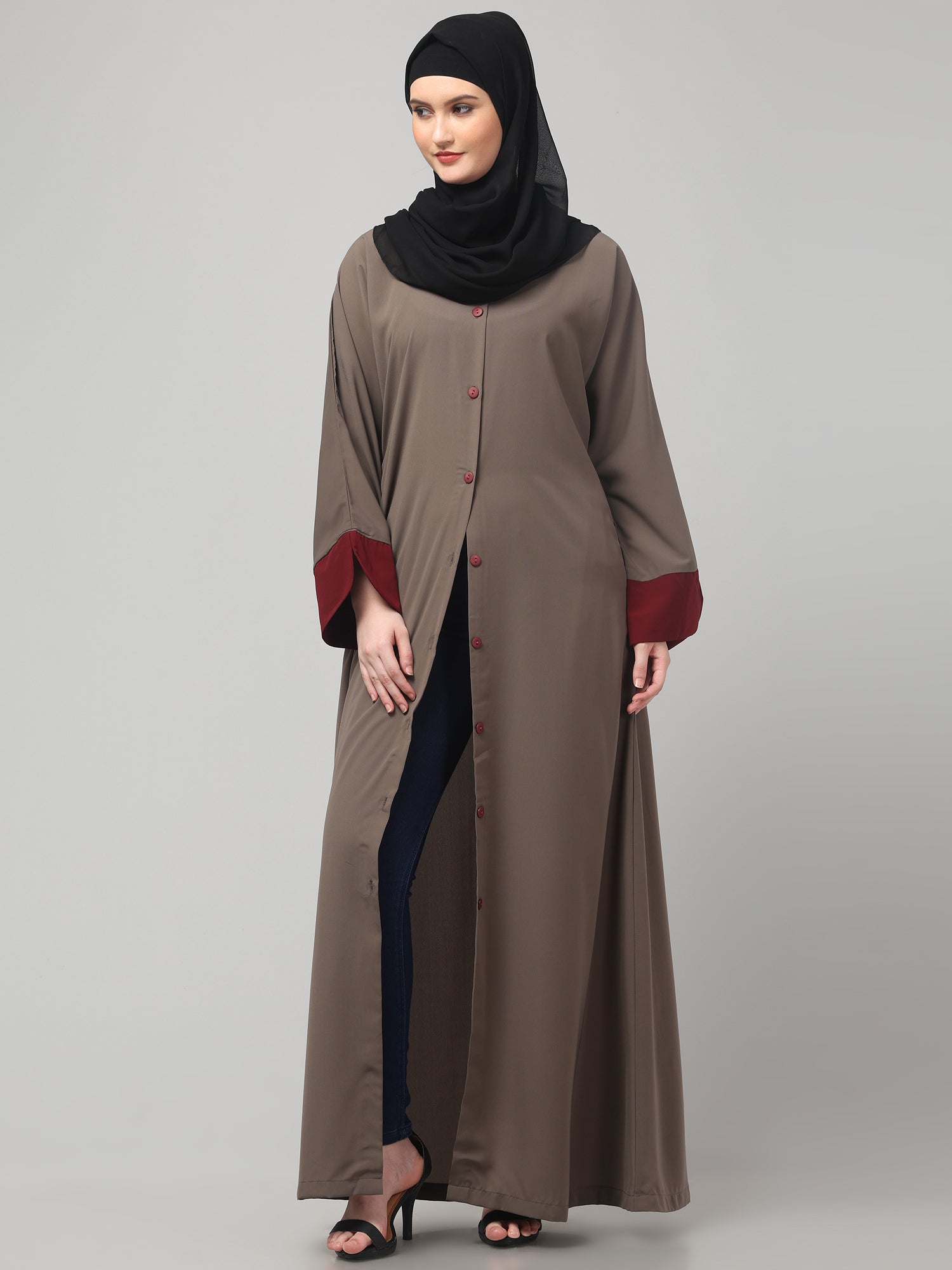 Front Open Oat Nida Matte Abaya with Maroon Piping