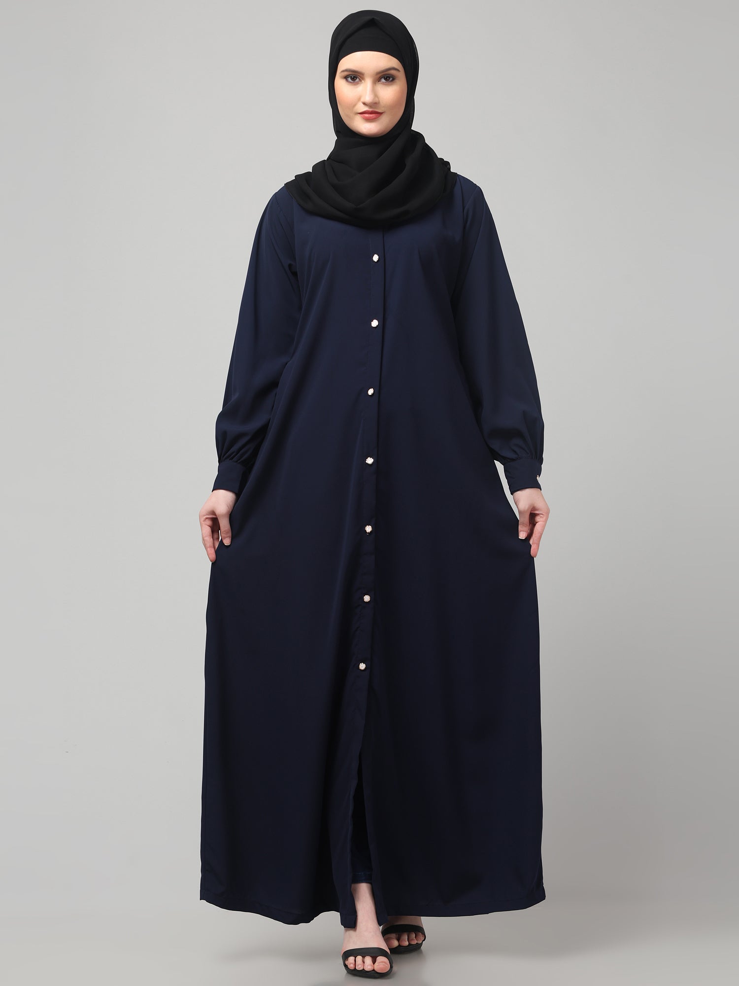 Blue Front Open Abaya Burqa with Button Detailing