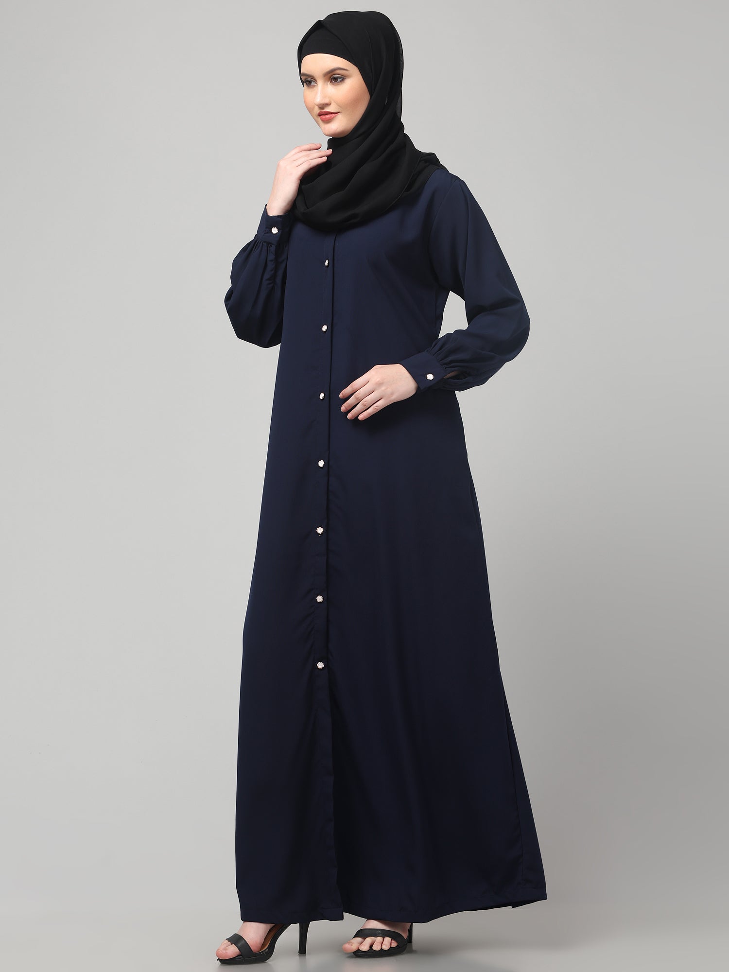 Blue Front Open Abaya Burqa with Button Detailing