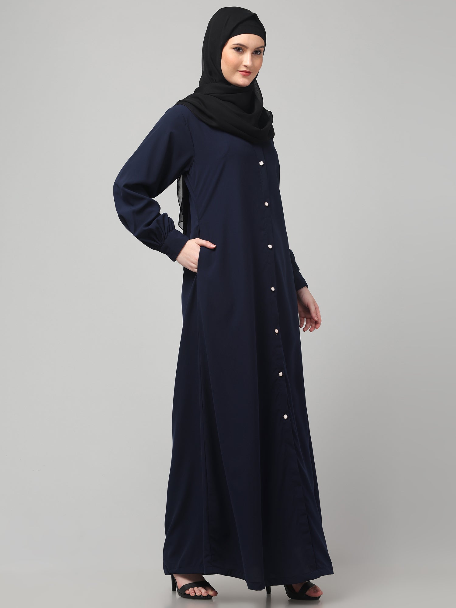 Blue Front Open Abaya Burqa with Button Detailing