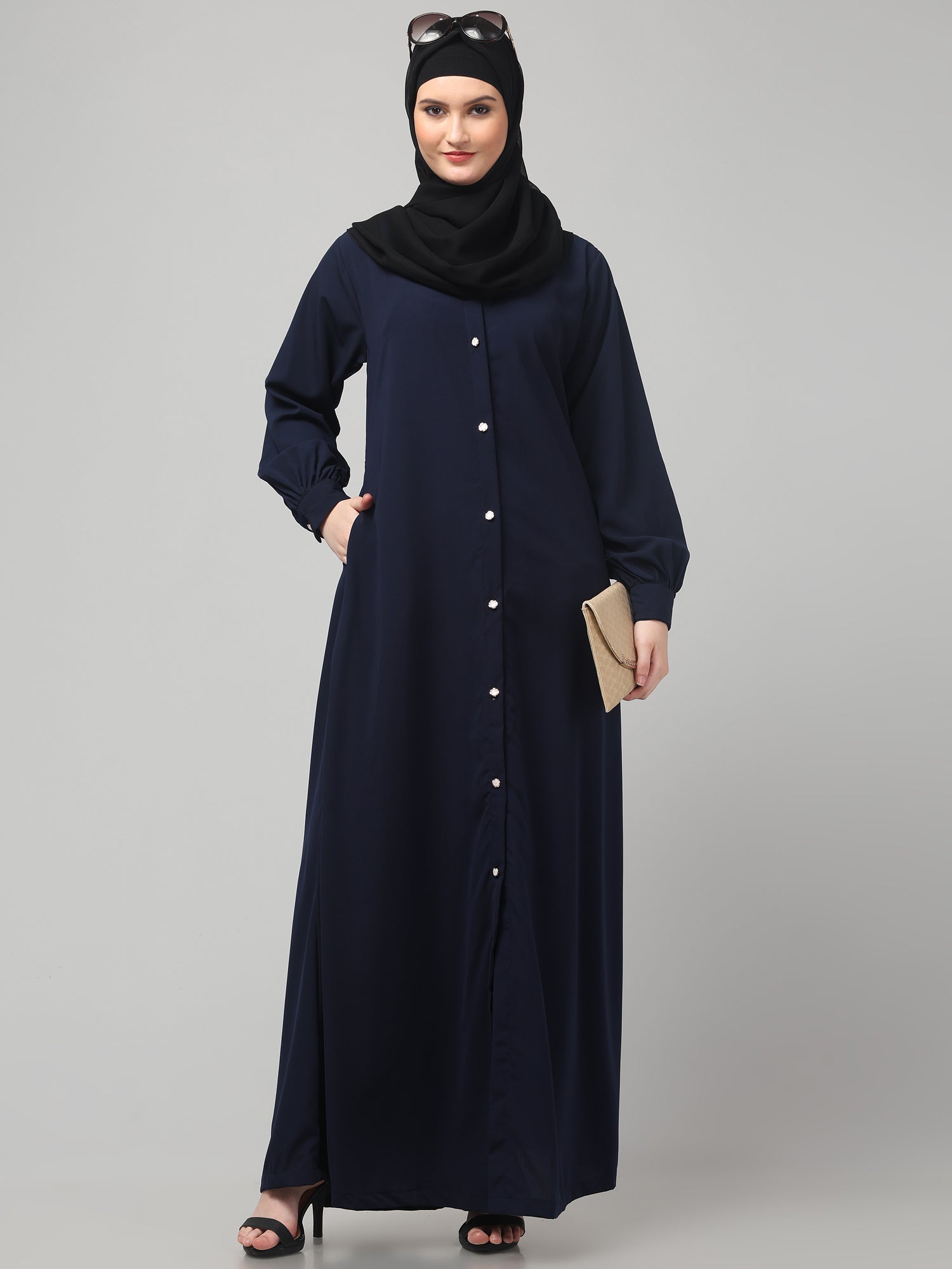 Blue Front Open Abaya Burqa with Button Detailing