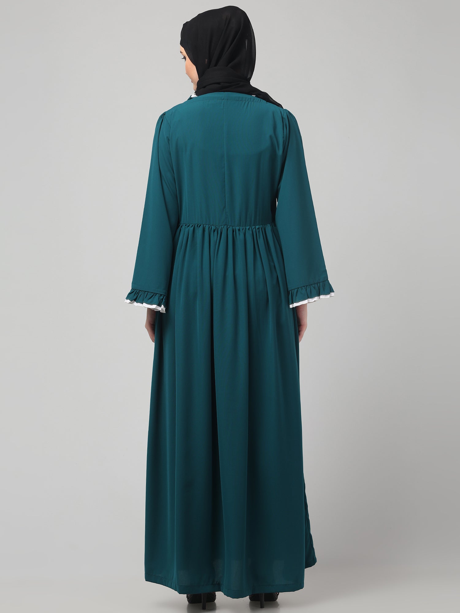 Bottle Green Gathered Yog Solid Abaya Dress for Women & Girls