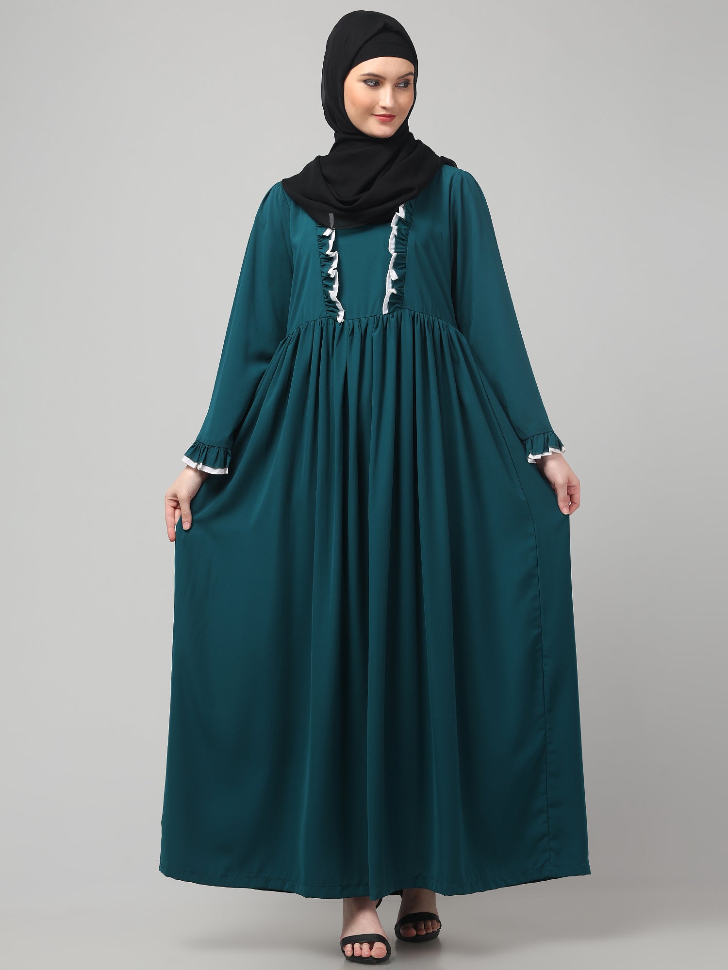 Bottle Green Gathered Yog Solid Abaya Dress for Women & Girls