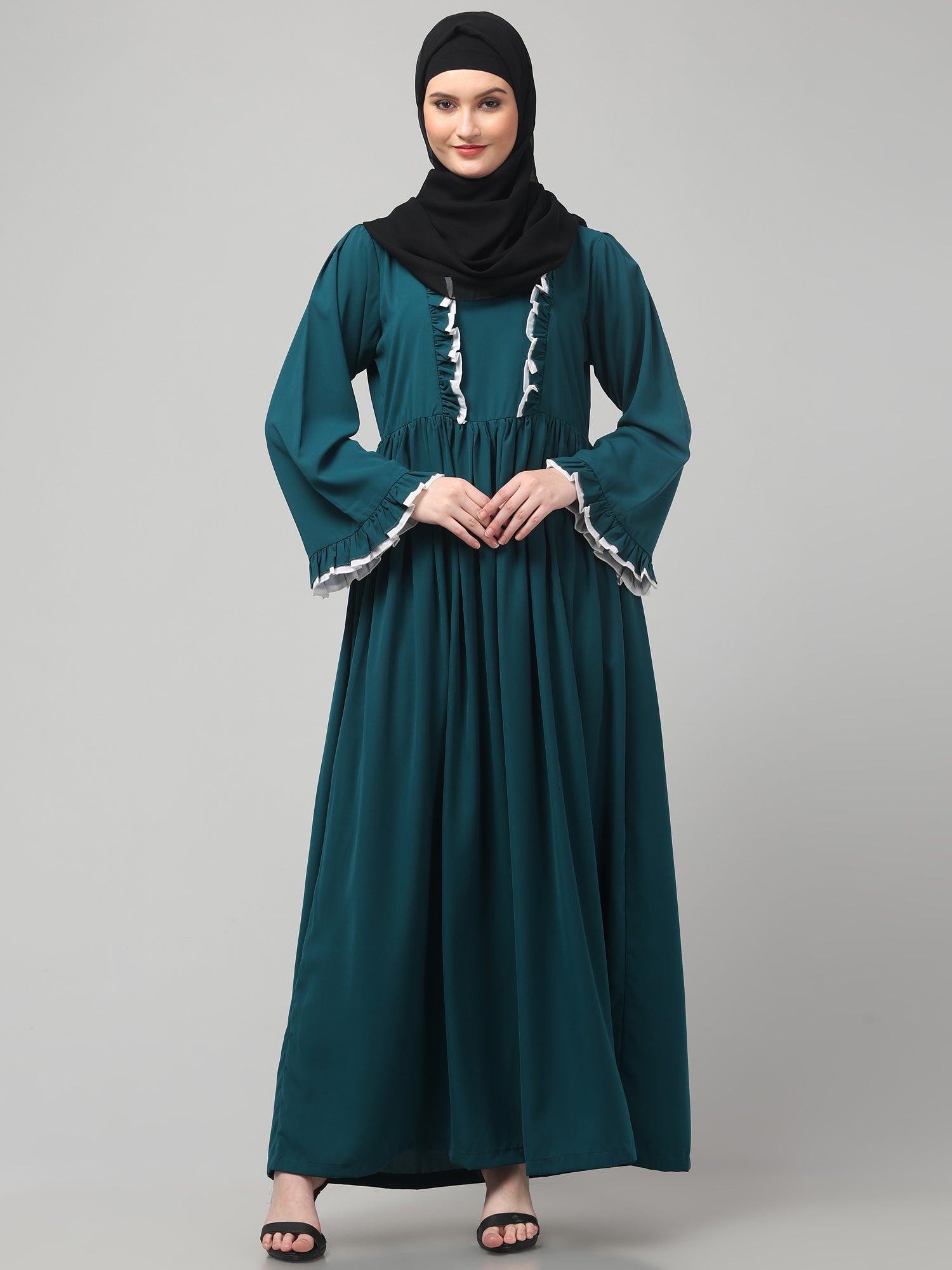 Bottle Green Gathered Yog Solid Abaya Dress for Women & Girls