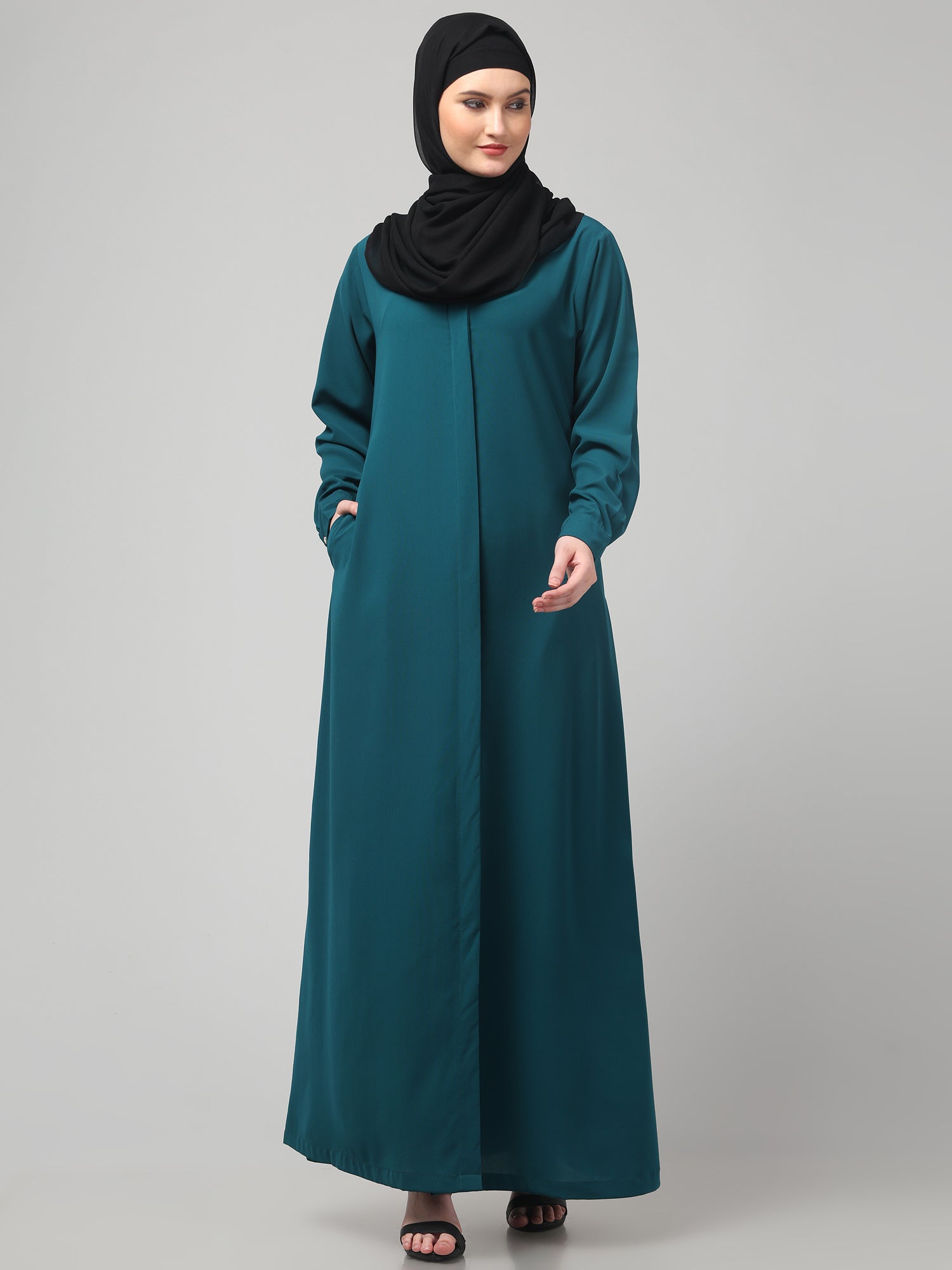 Front Open Bottle Green Nida Matte Abaya for Women