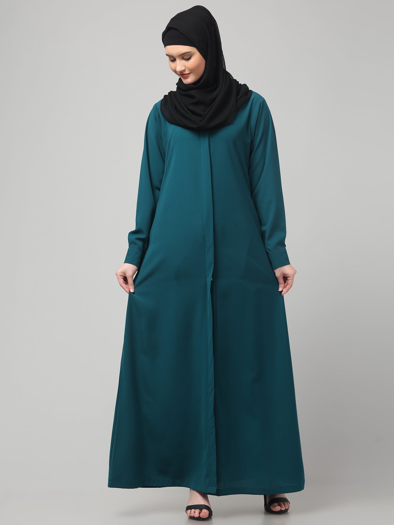 Front Open Bottle Green Nida Matte Abaya for Women