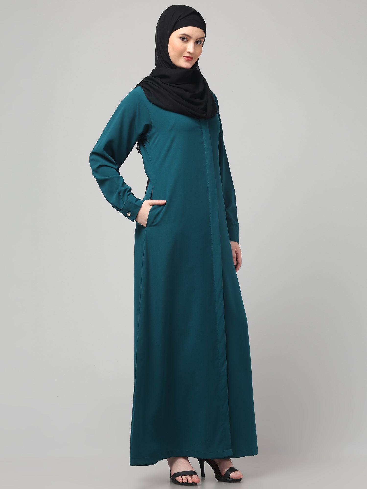 Front Open Bottle Green Nida Matte Abaya for Women