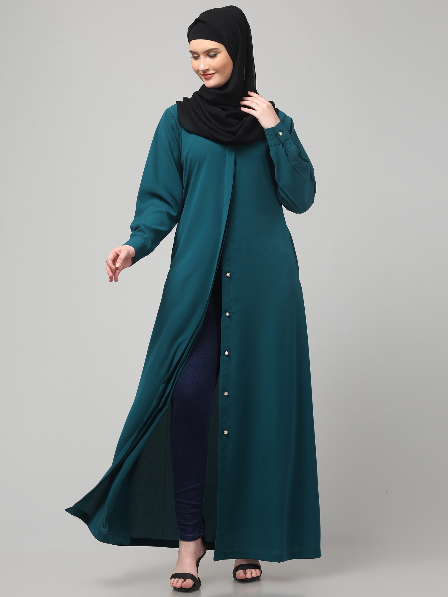 Front Open Bottle Green Nida Matte Abaya for Women