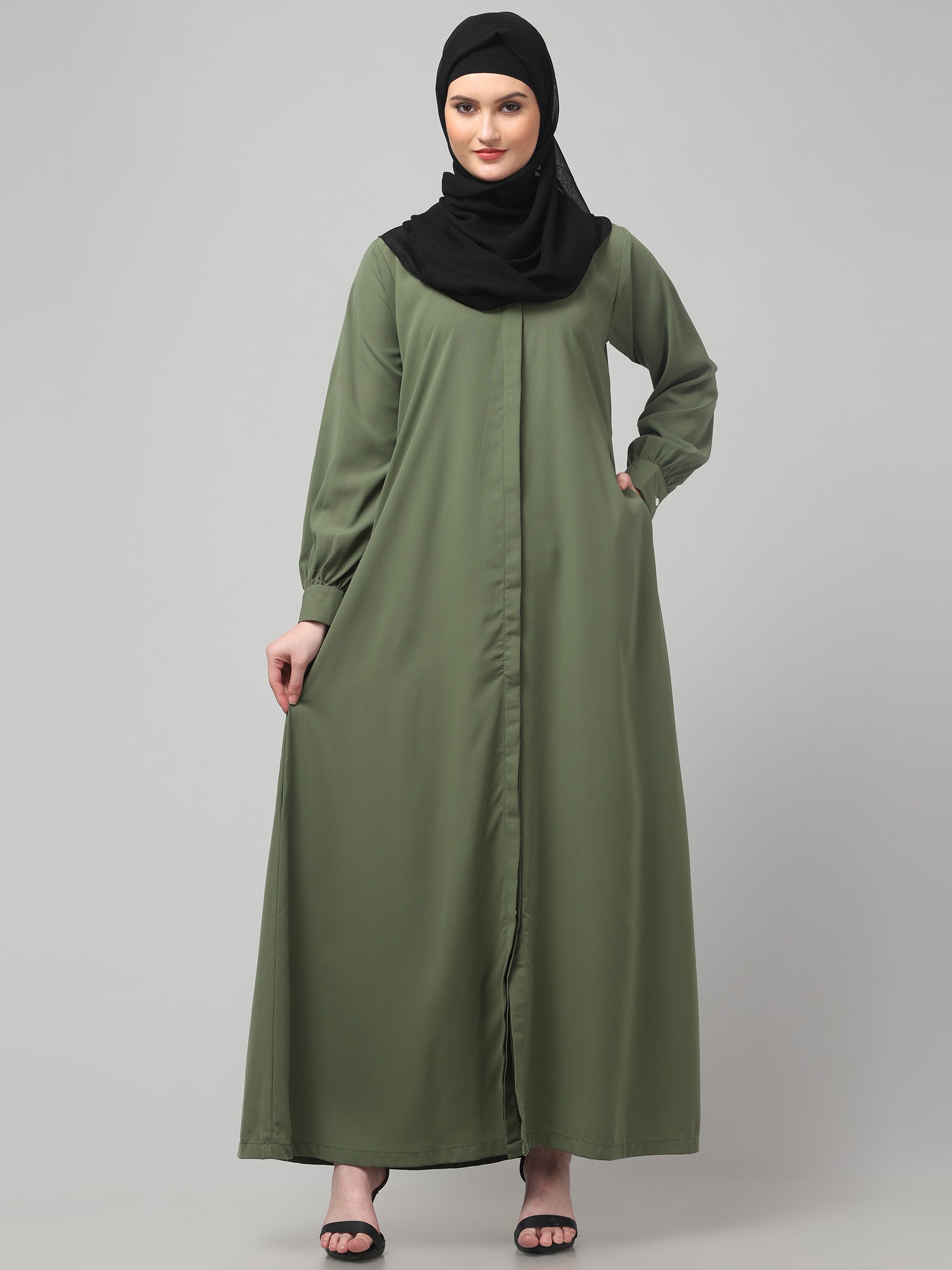 Front Open Jade Green Nida Matte Solid Abaya