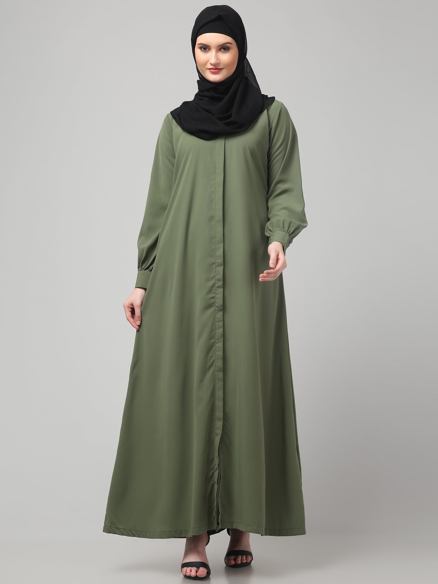 Front Open Jade Green Nida Matte Solid Abaya