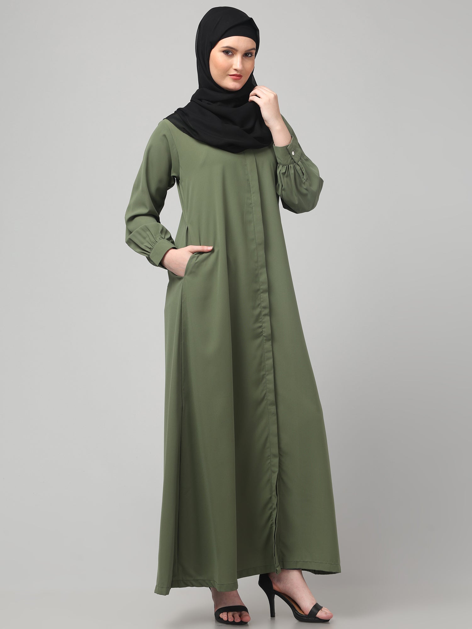 Front Open Jade Green Nida Matte Solid Abaya