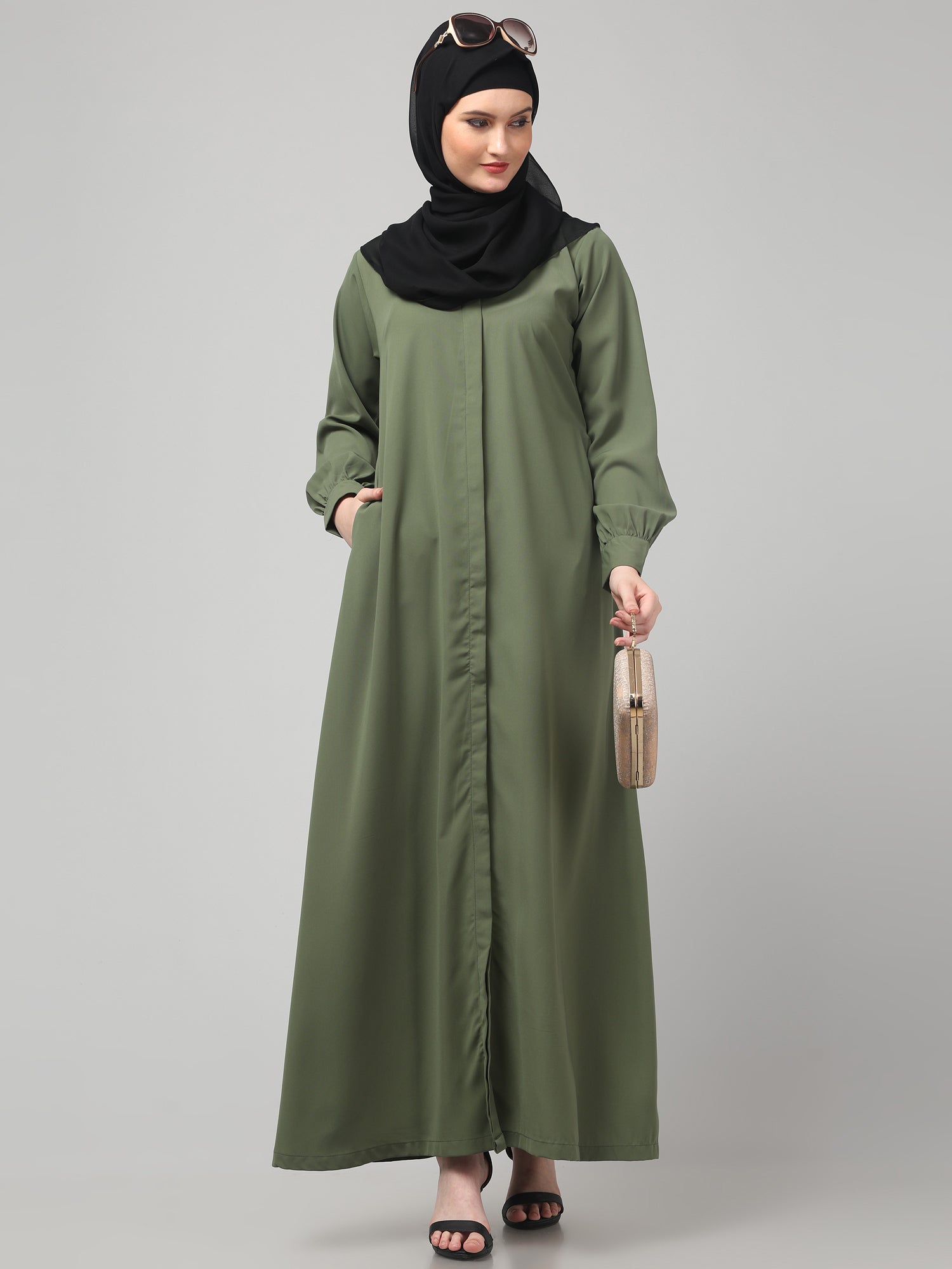 Front Open Jade Green Nida Matte Solid Abaya