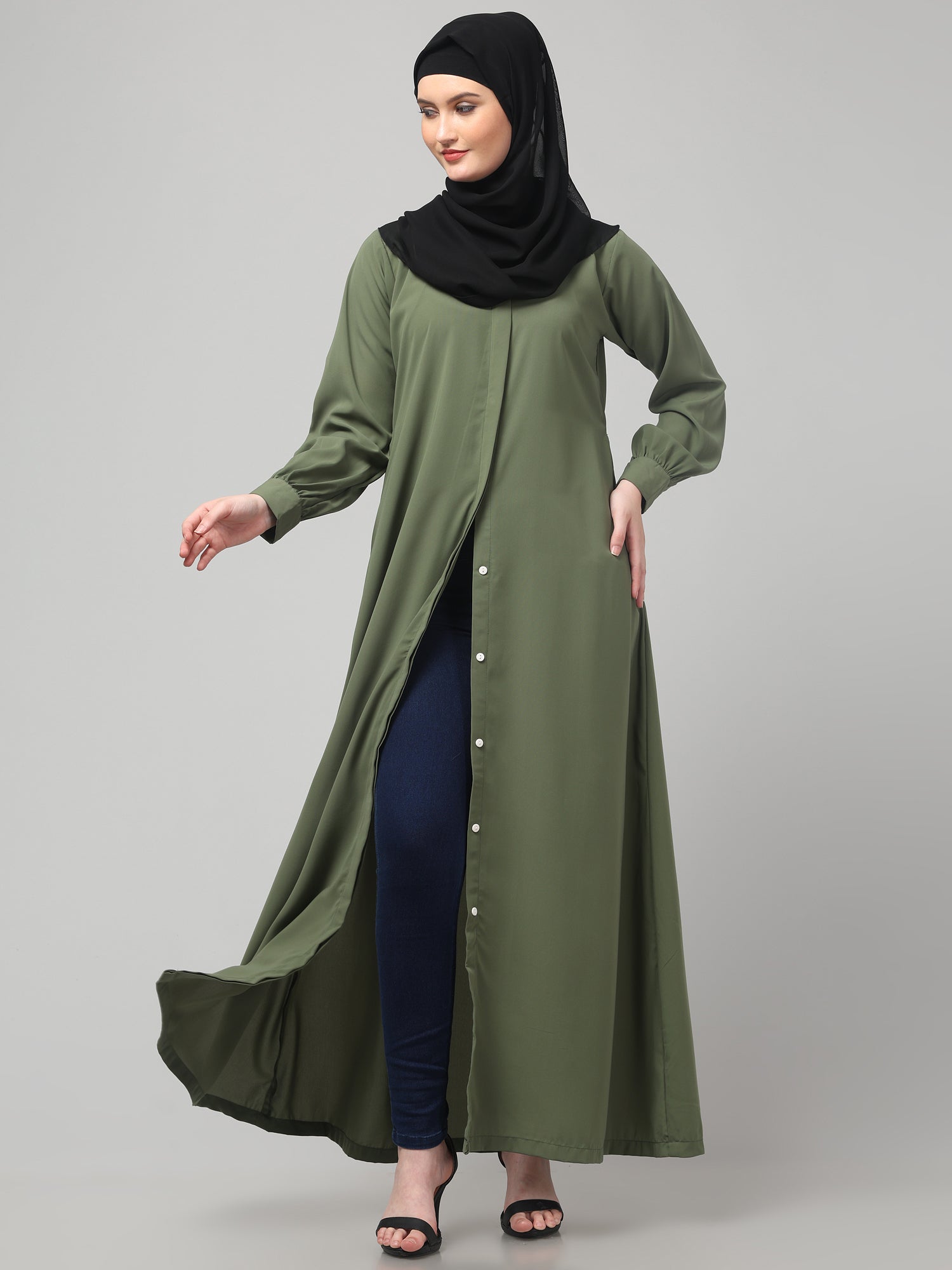 Front Open Jade Green Nida Matte Solid Abaya