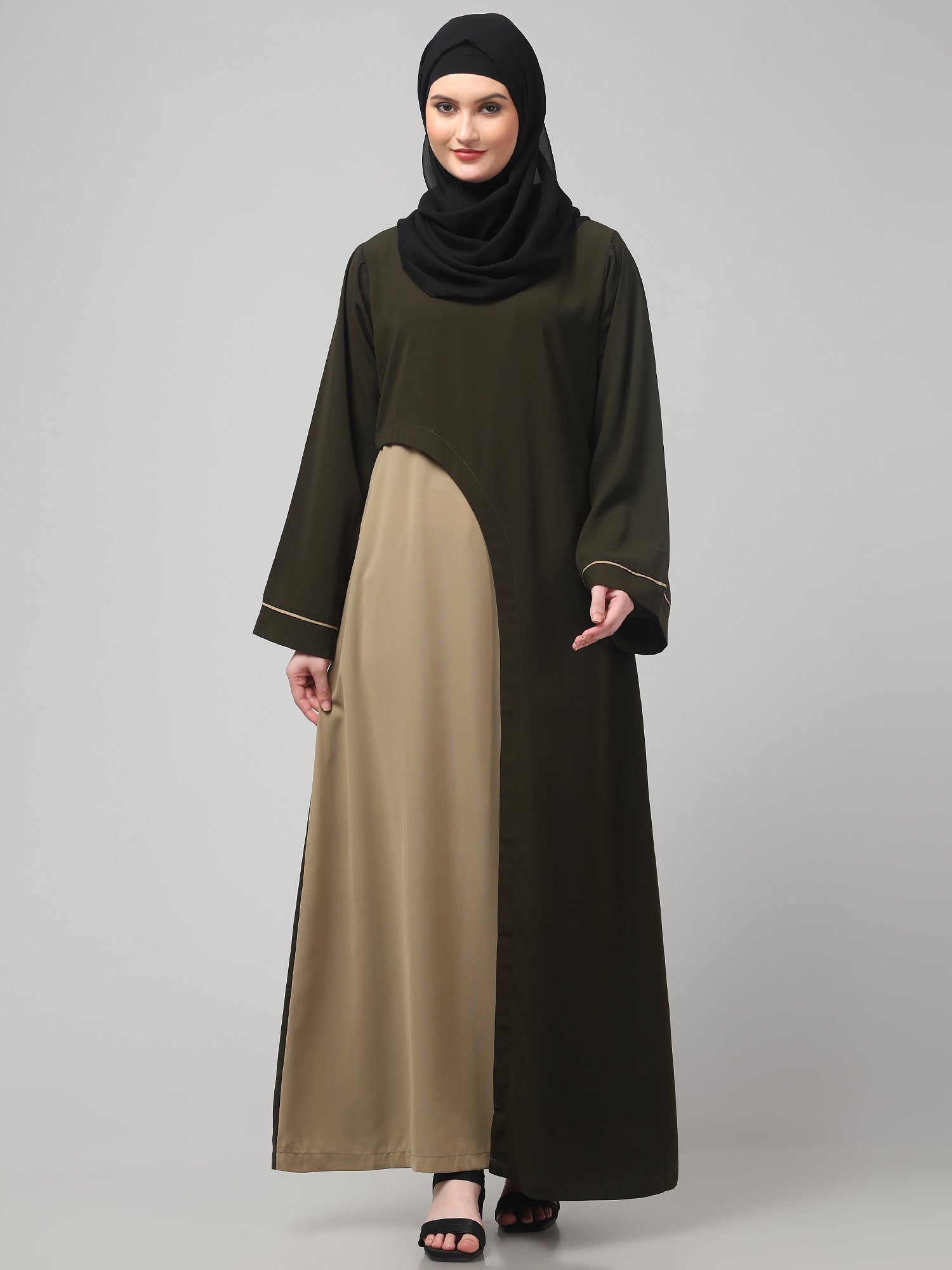 Black and Beige Solid Abaya Dress for Women & Girls