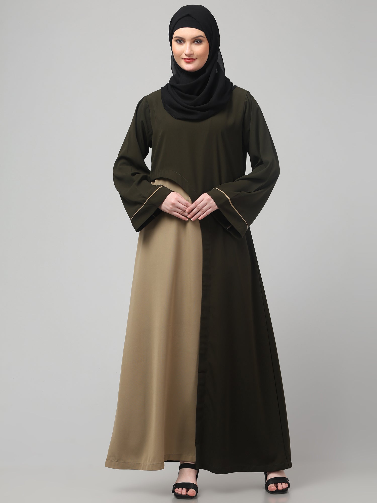 Black and Beige Solid Abaya Dress for Women & Girls