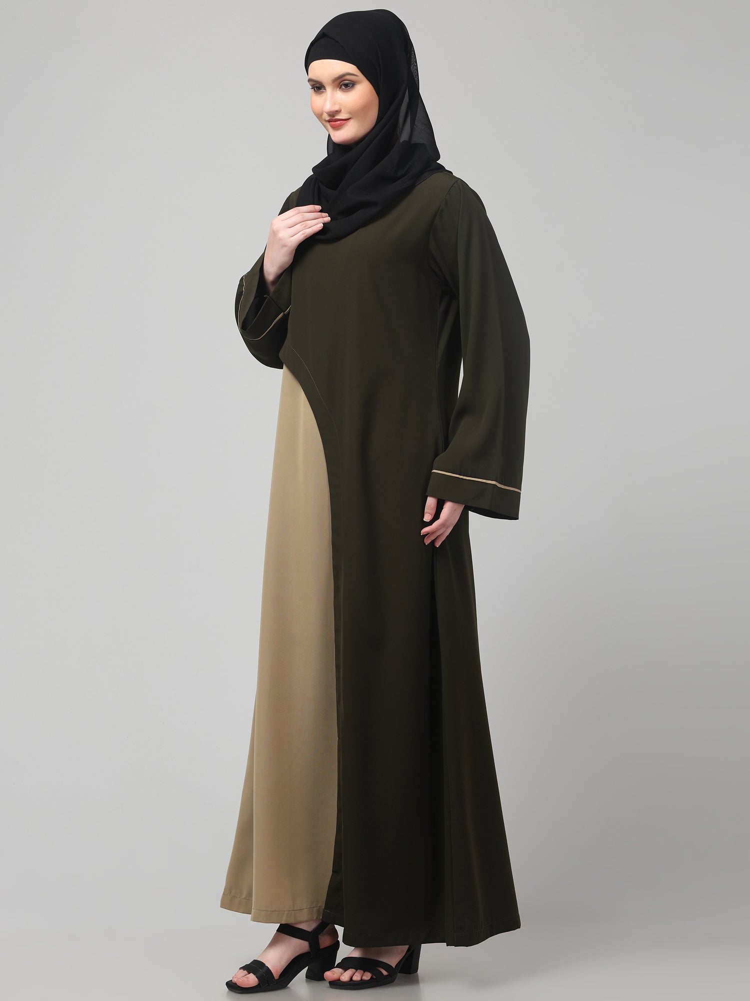 Black and Beige Solid Abaya Dress for Women & Girls