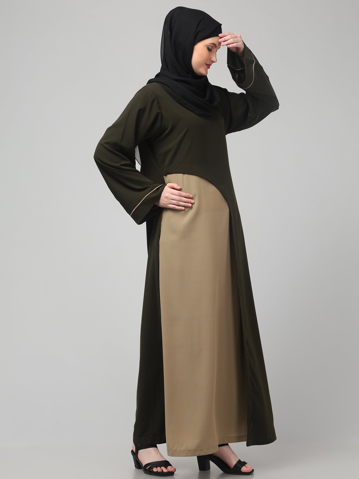 Black and Beige Solid Abaya Dress for Women & Girls