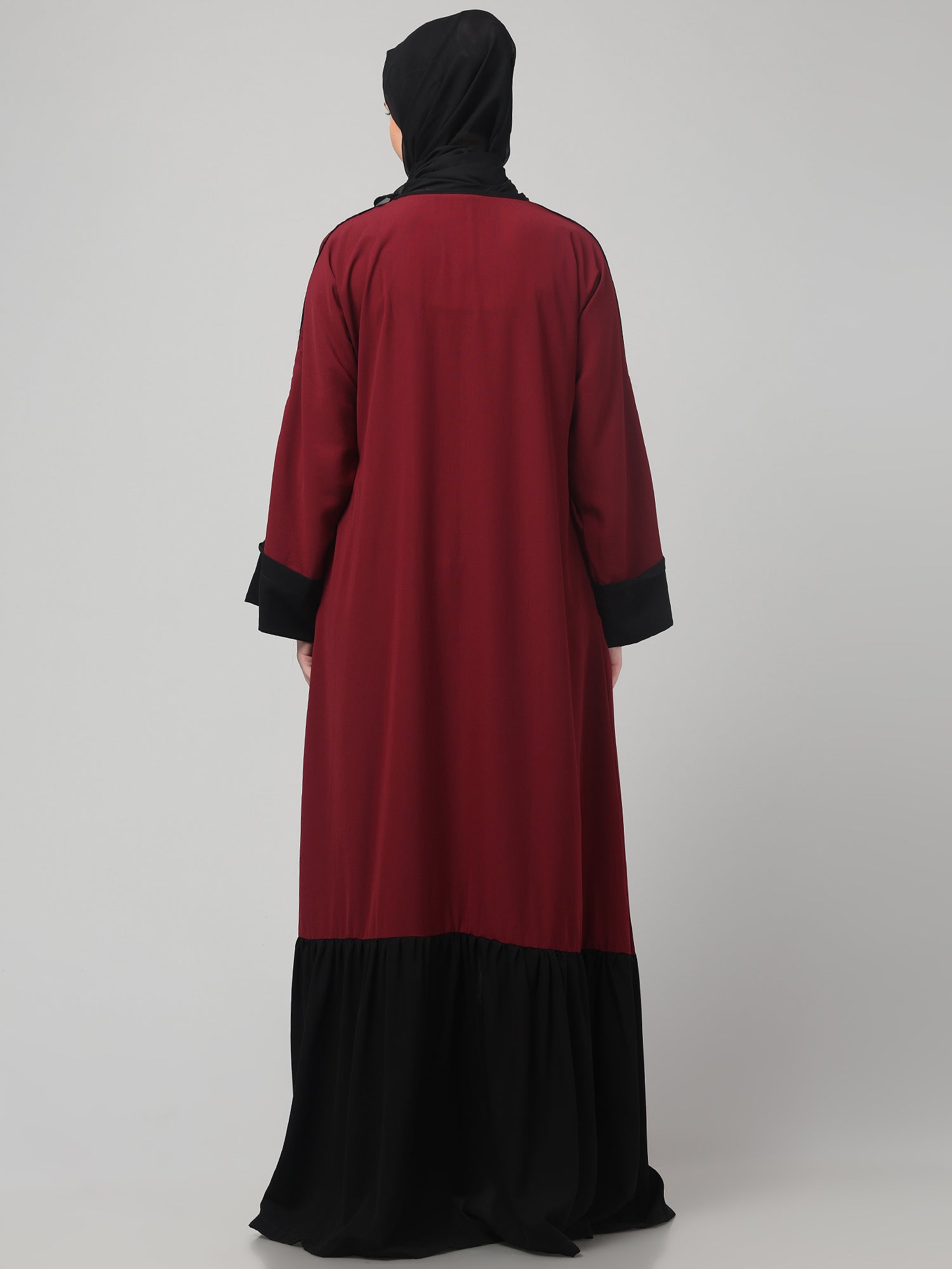 Maroon and Black Front Open Solid Abaya Burqa Dress for Women & Girls