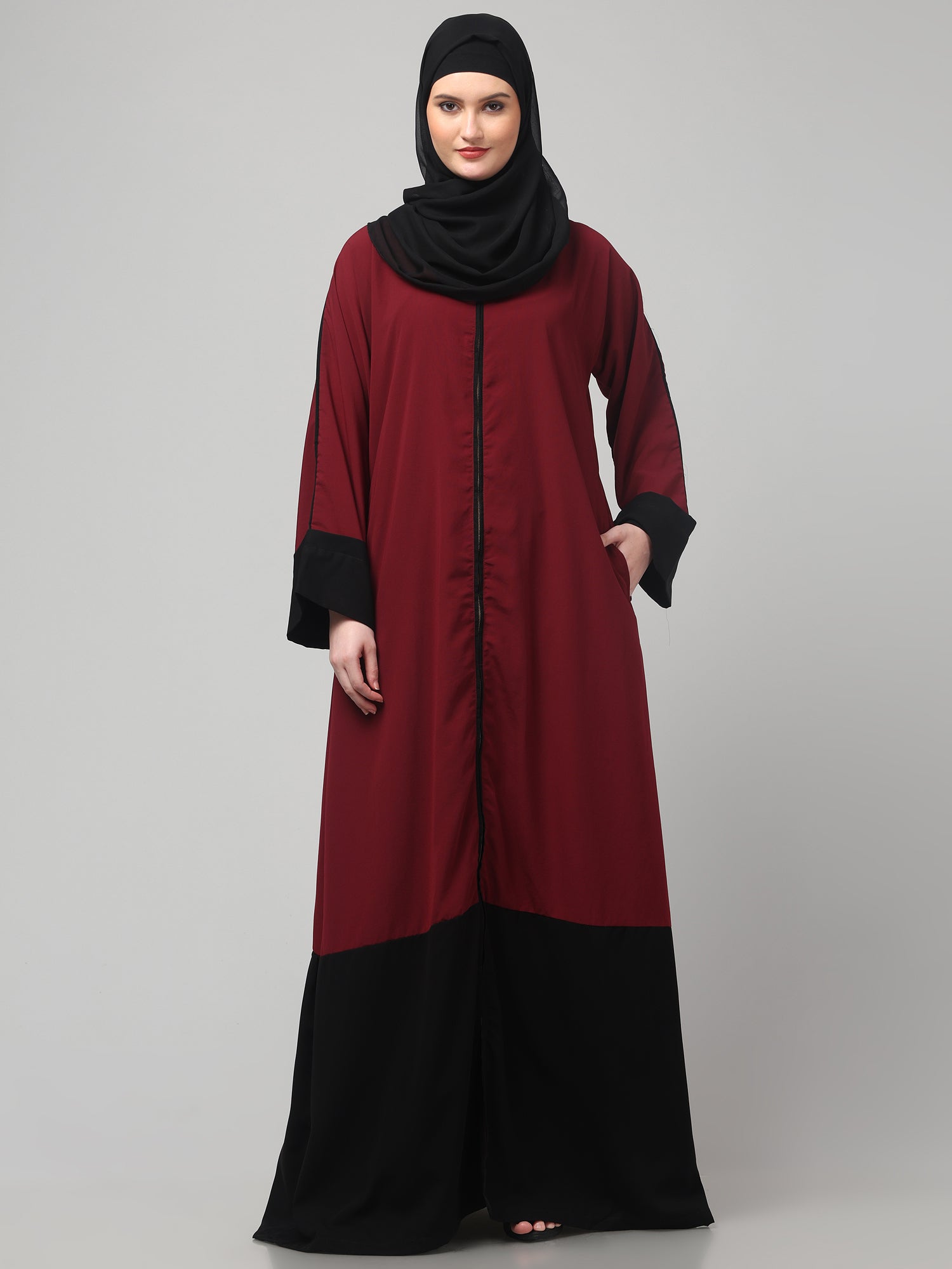 Maroon and Black Front Open Solid Abaya Burqa Dress for Women & Girls