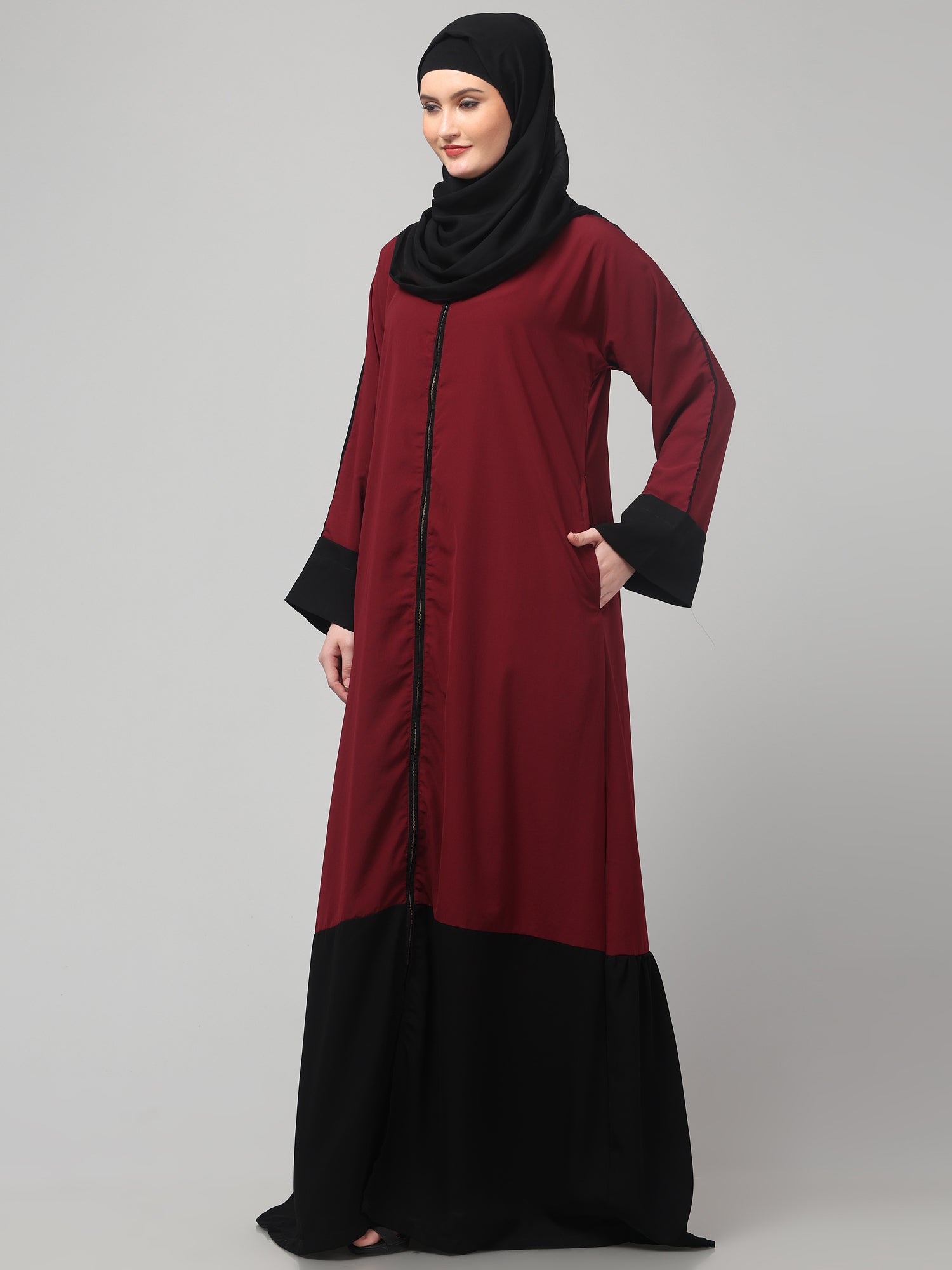 Maroon and Black Front Open Solid Abaya Burqa Dress for Women & Girls
