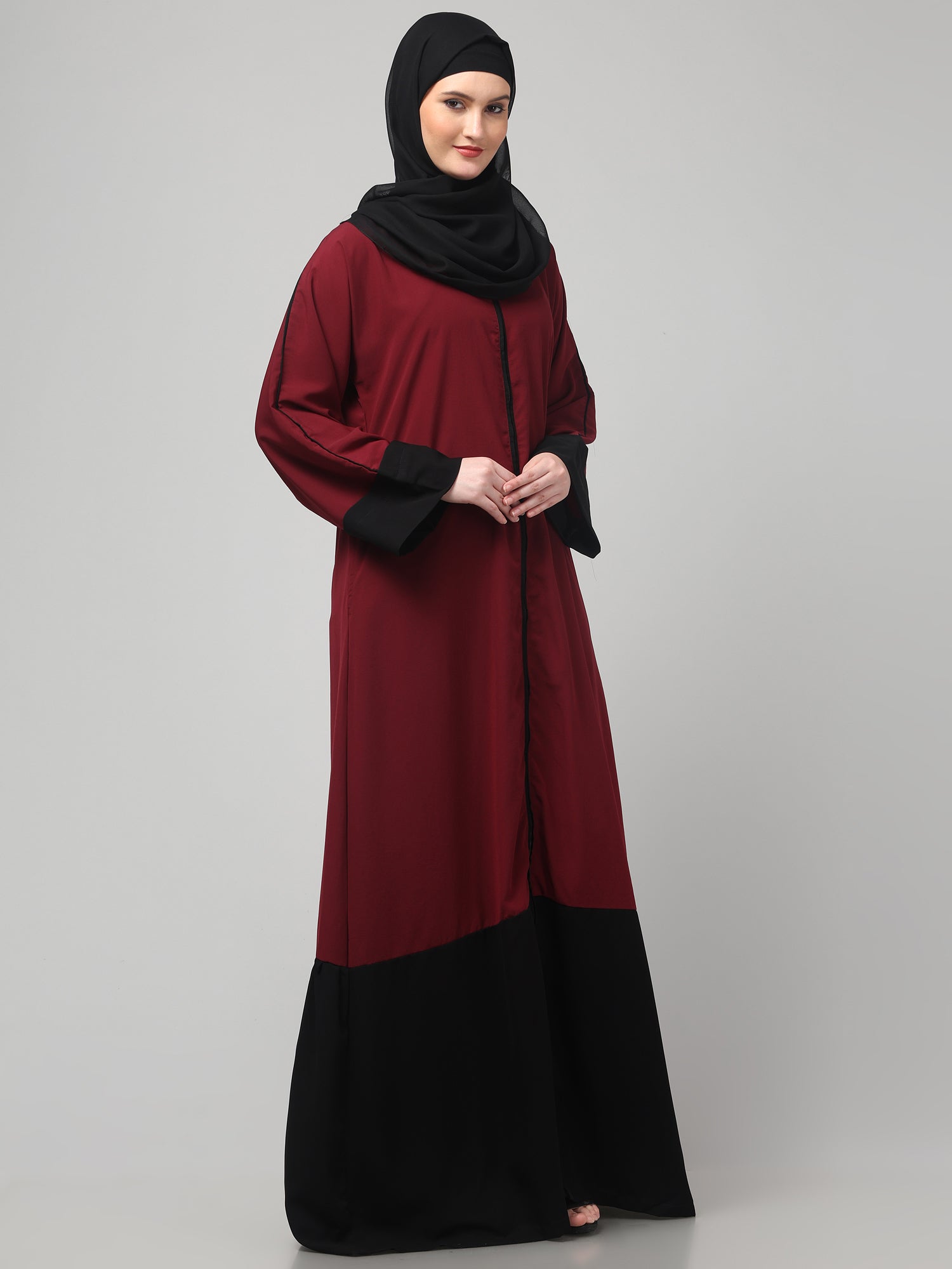 Maroon and Black Front Open Solid Abaya Burqa Dress for Women & Girls