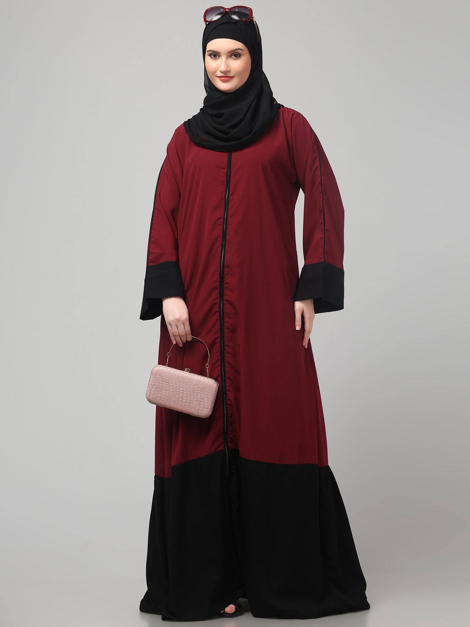 Maroon and Black Front Open Solid Abaya Burqa Dress for Women & Girls